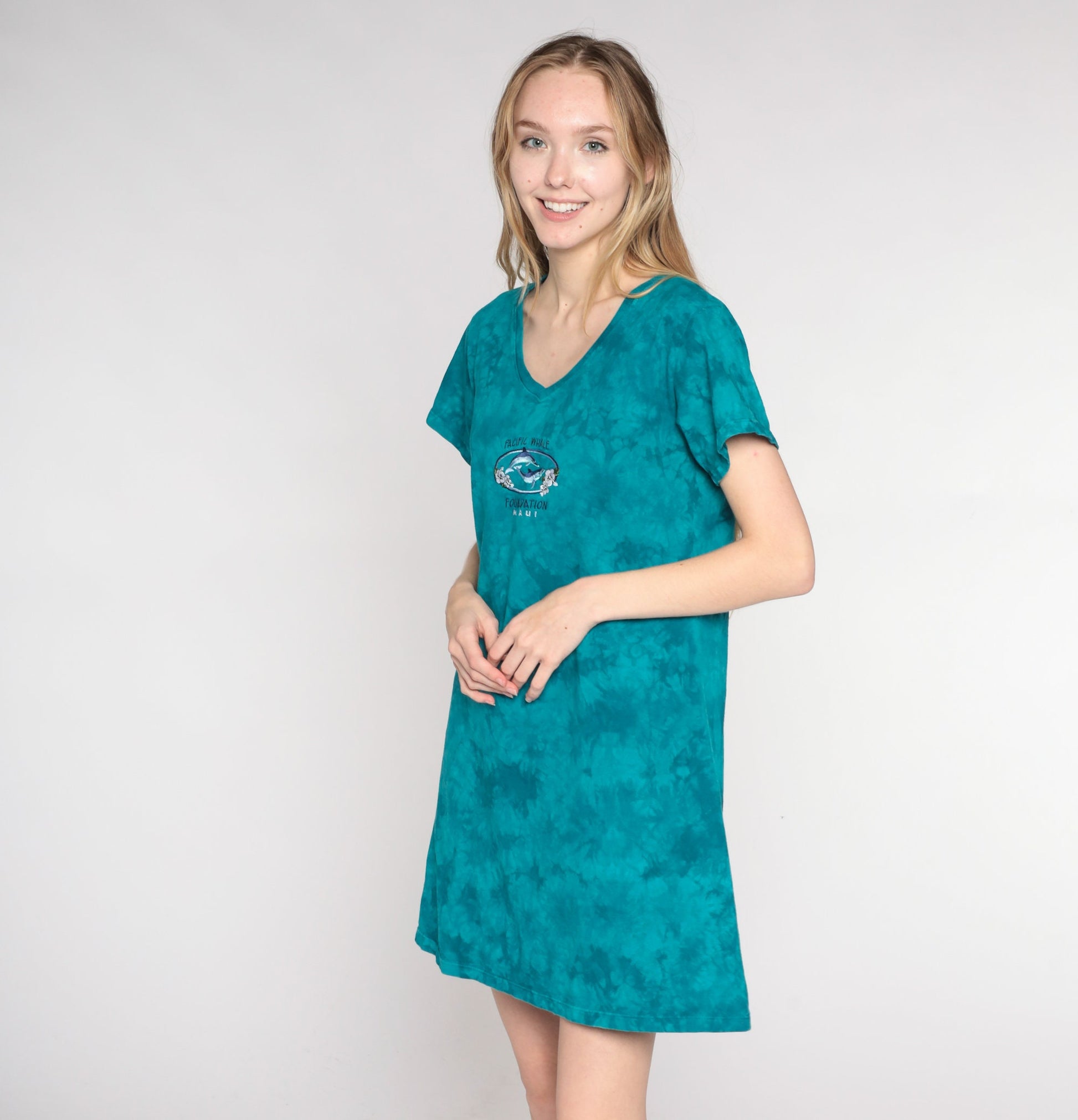 Y2K Tie Dye Pacific Whale Foundation Maui Mini Dress Blue-Green Cotton Medium