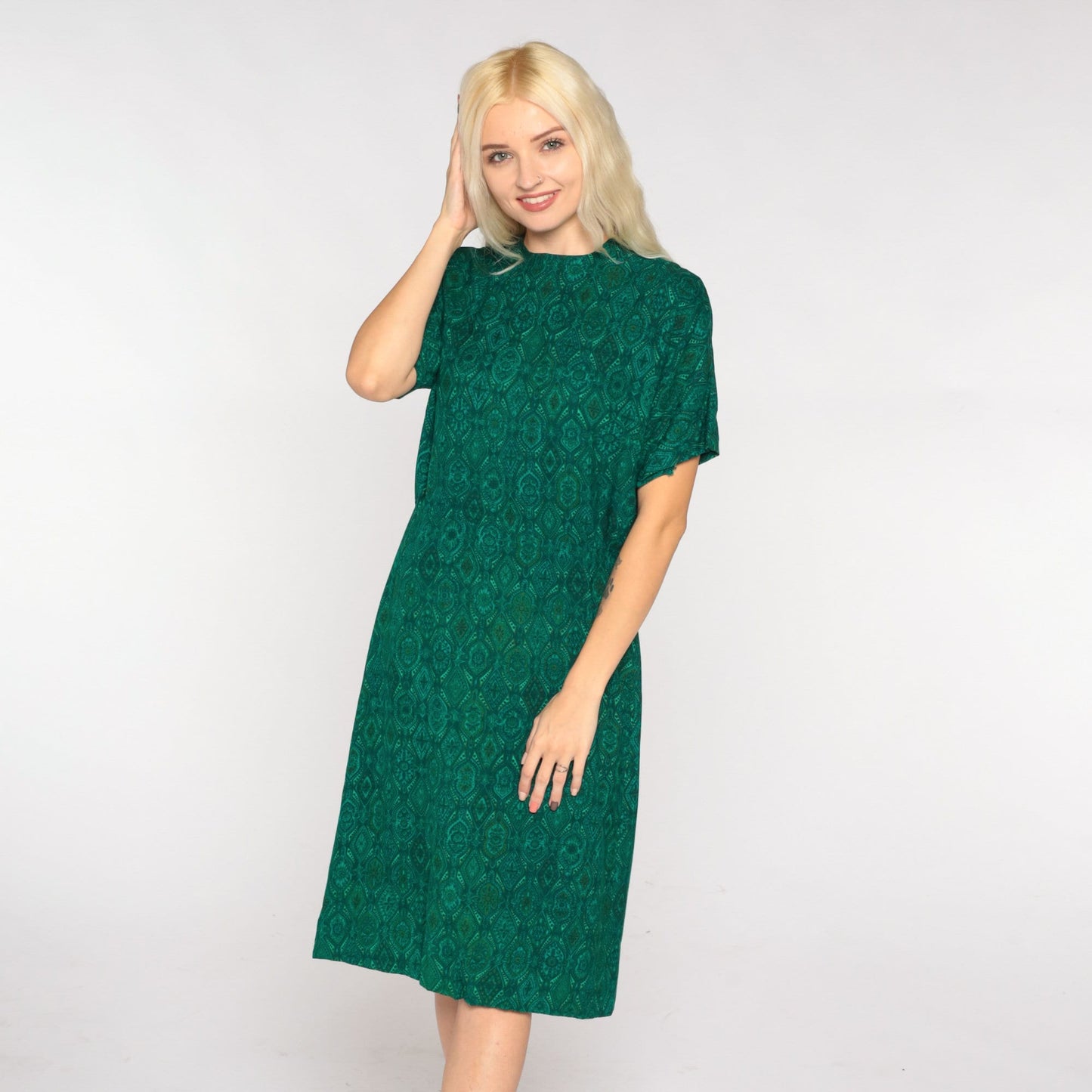 60s Green Tile Print Shift Dress Knee Length Short Sleeve Small