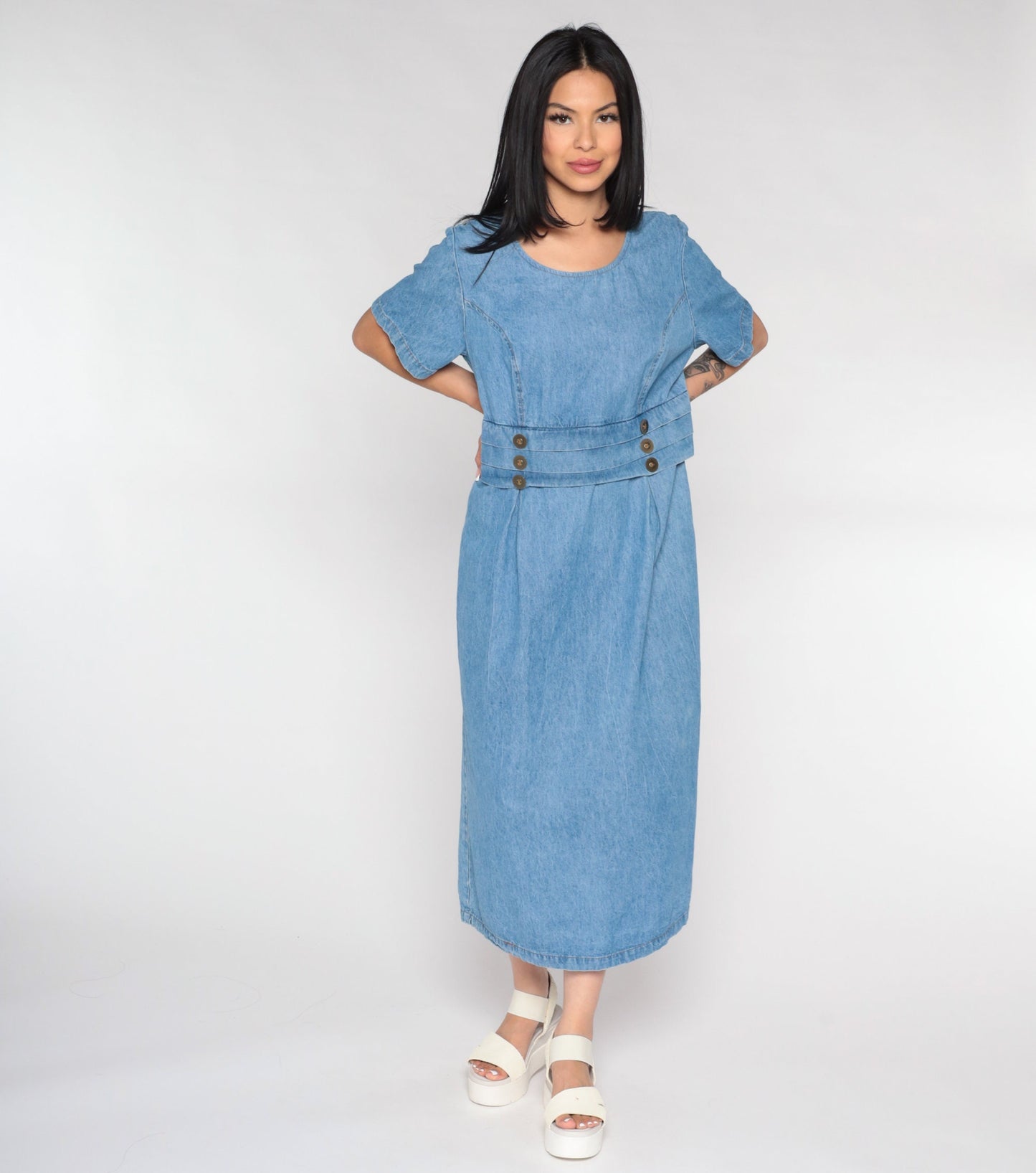 90s Fore Warned Denim Maxi Dress Blue Princess Seam Short Sleeve Large 14