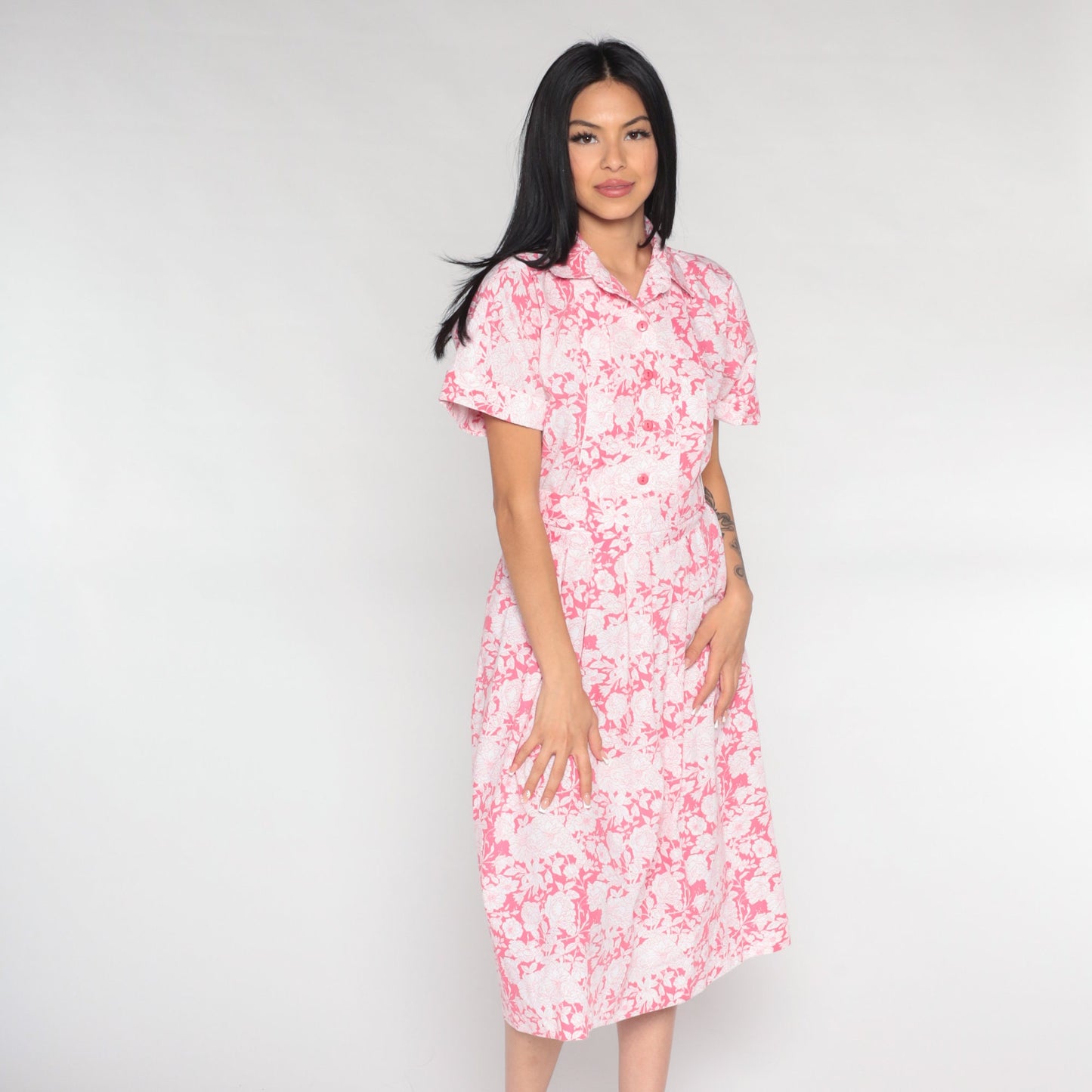 90s Floral Midi Dress Pink White Button-Up Short Sleeve Medium 8