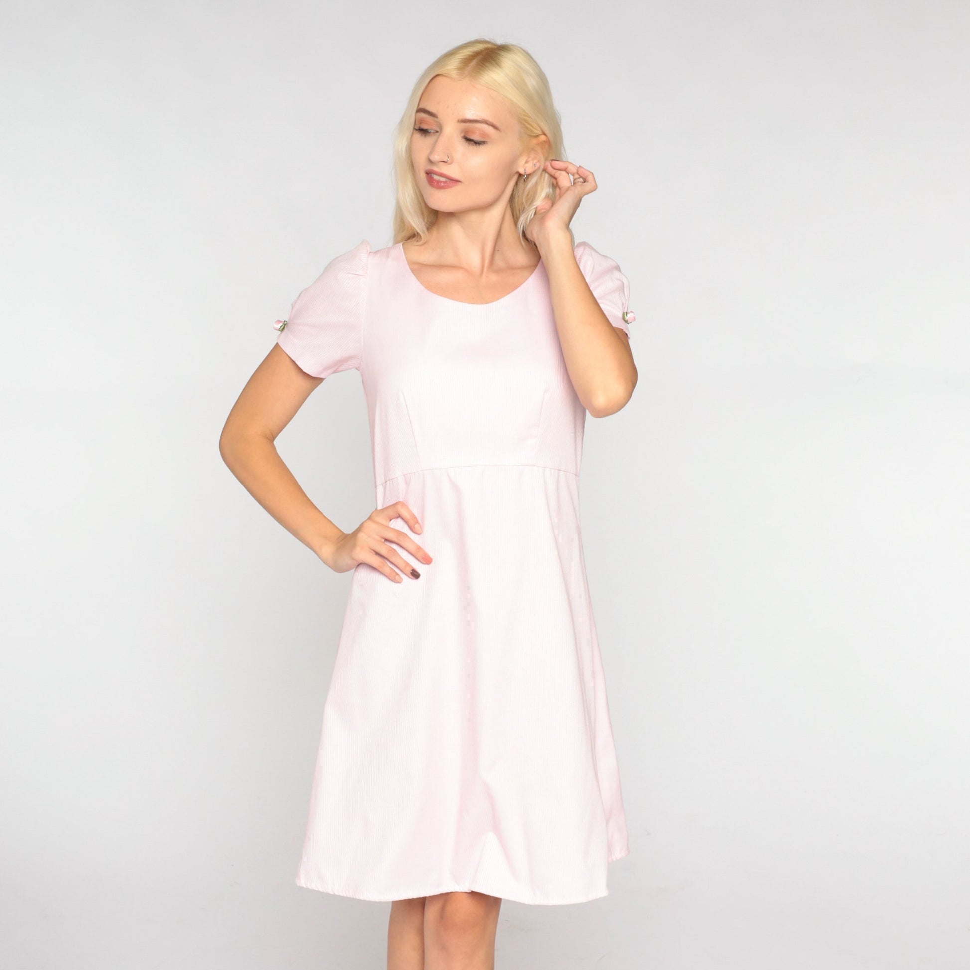 80s Baby Pink Mini Dress Empire Waist Puff Sleeve Rosette Extra Small