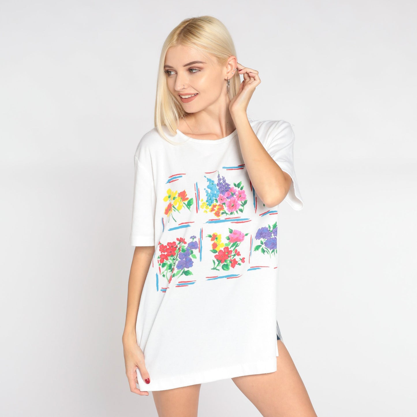 90s Watercolor Floral Graphic Tee White Single Stitch Wildflower Print Extra Large