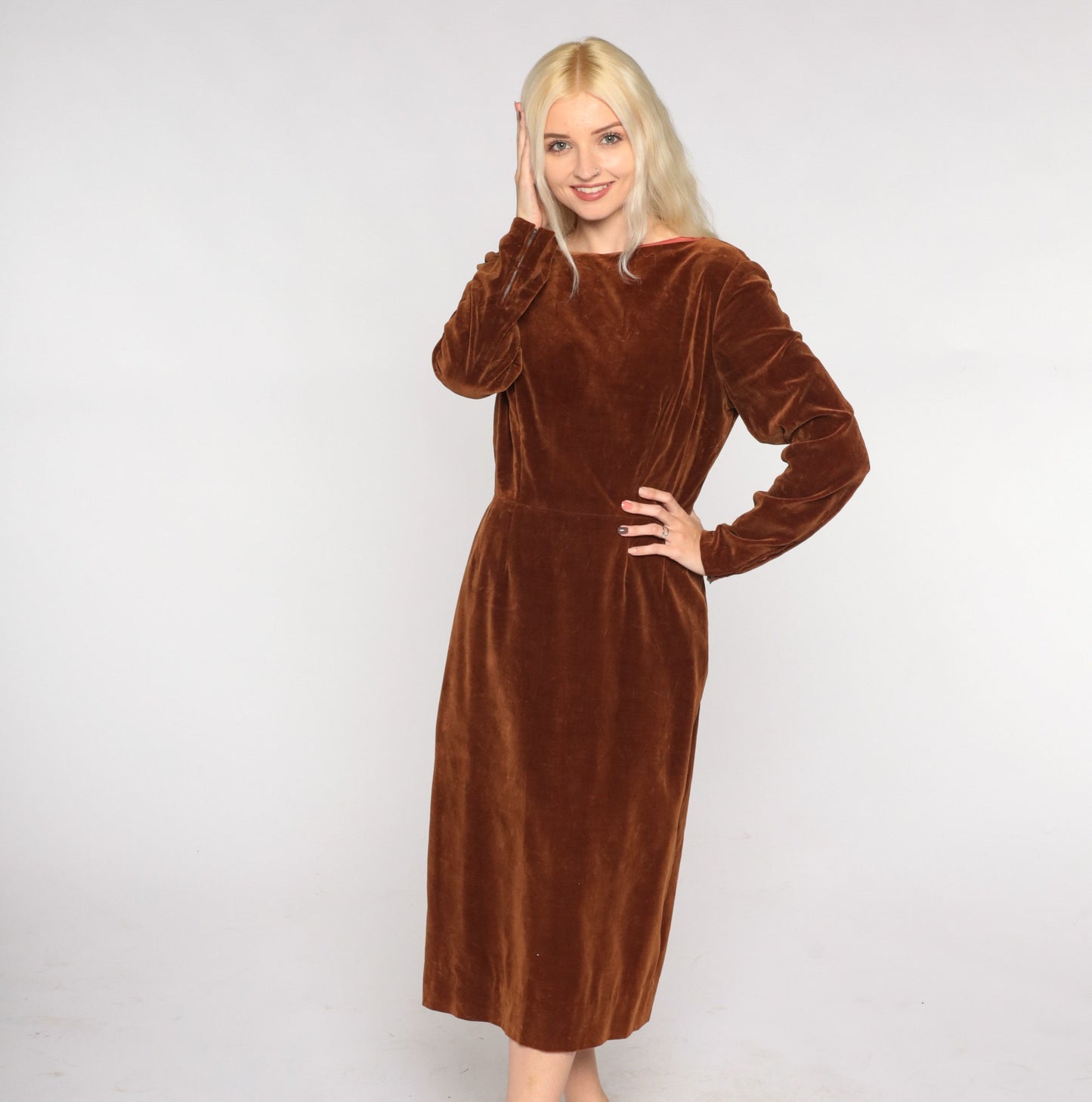 60s Brown Velvet Midi Dress Long Sleeve High Waist Low Back Small