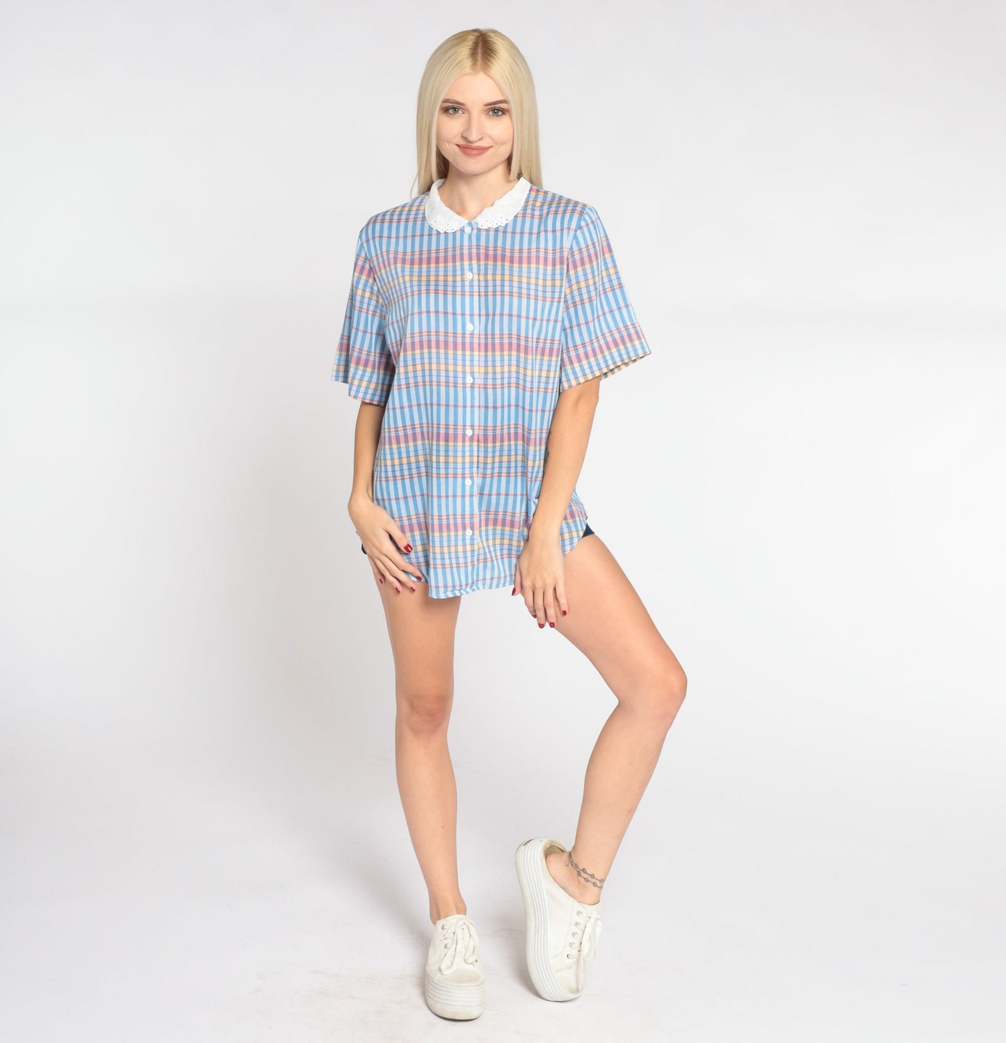 80s Blue Checkered Button-Up Blouse Peter Pan Collar Eyelet Lace Medium Large