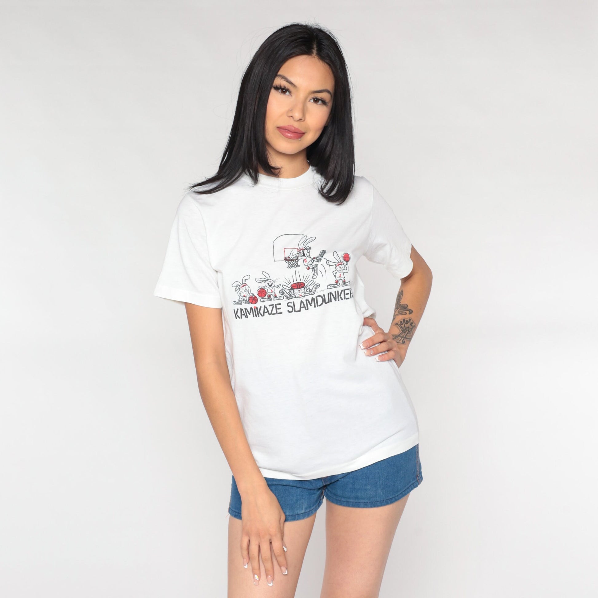 90s Kamikaze Slamdunkers Cartoon Rabbit Basketball Graphic Tee White Small