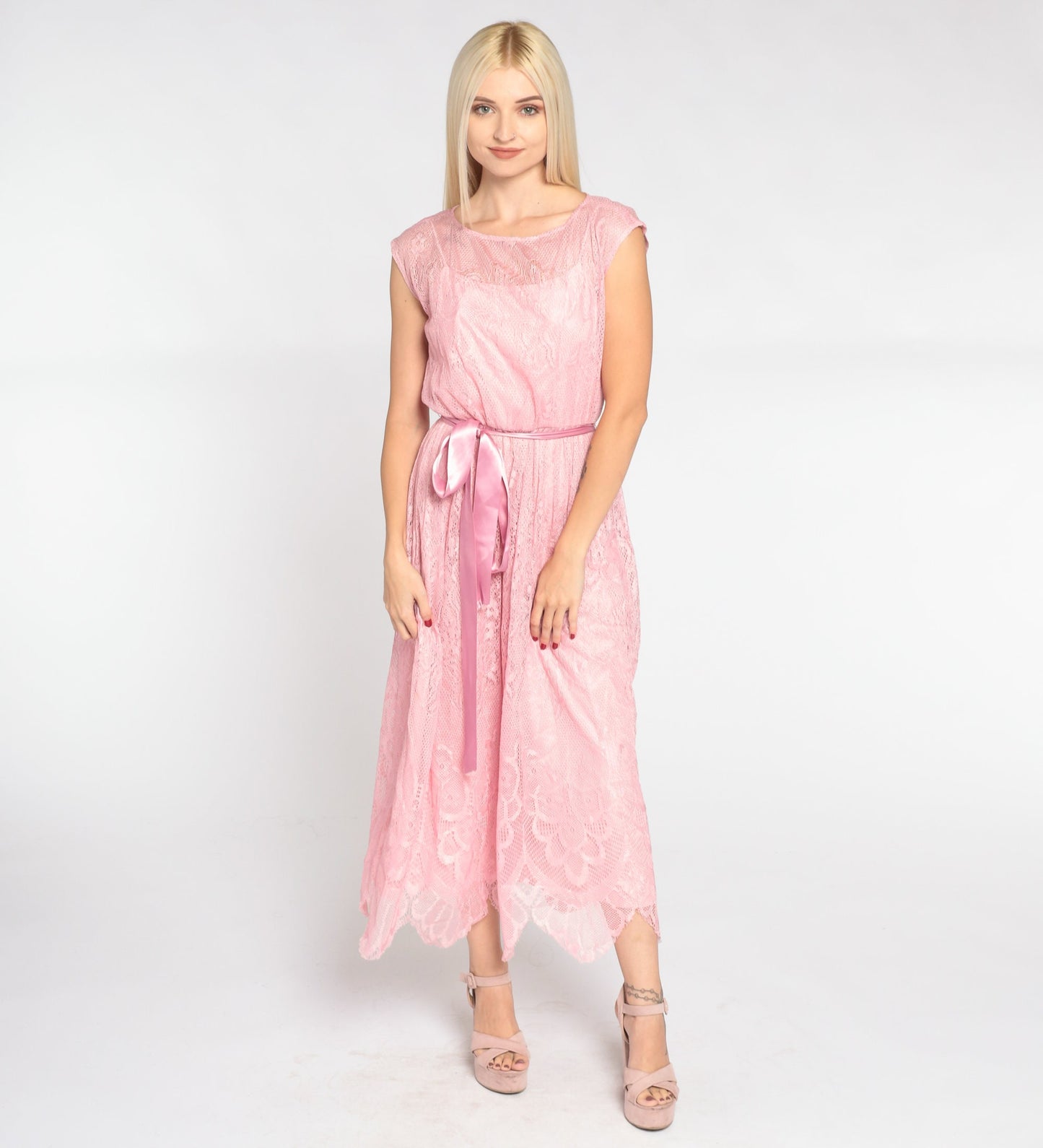 70s Pink Lace Midi Dress Cap Sleeve High Waist Ribbon Bow Scalloped Extra Small