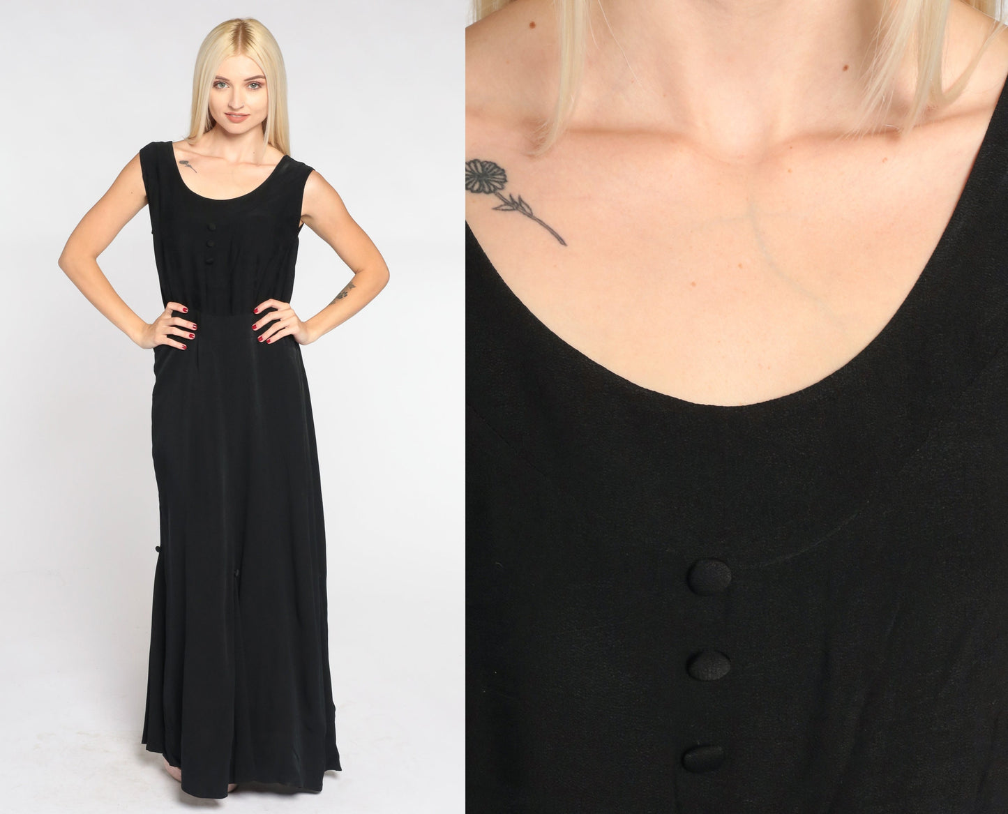 90s Black Maxi Dress Sleeveless High Waist Decorative Buttons Small
