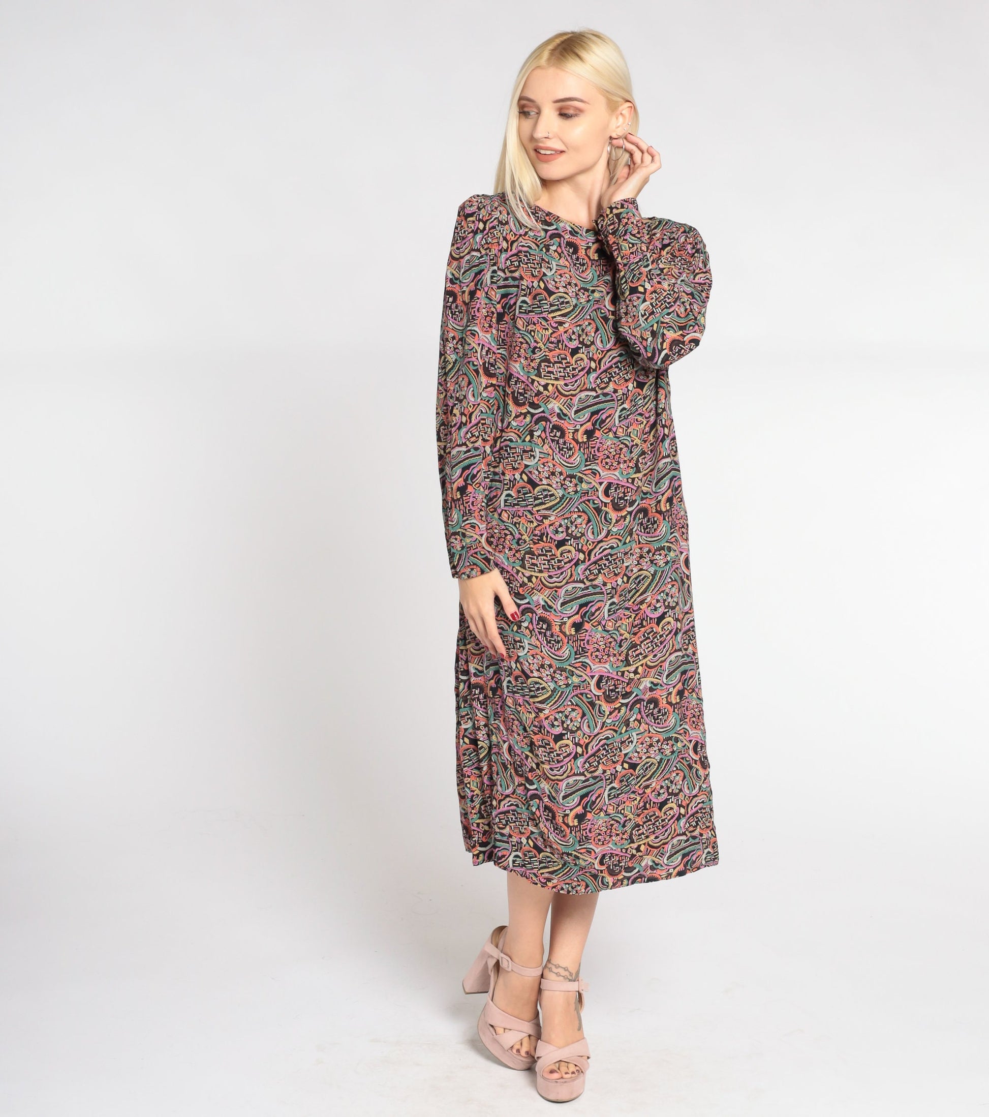 80s Abstract Cloud Print Midi Dress Black Puff Sleeve Shift Medium M
