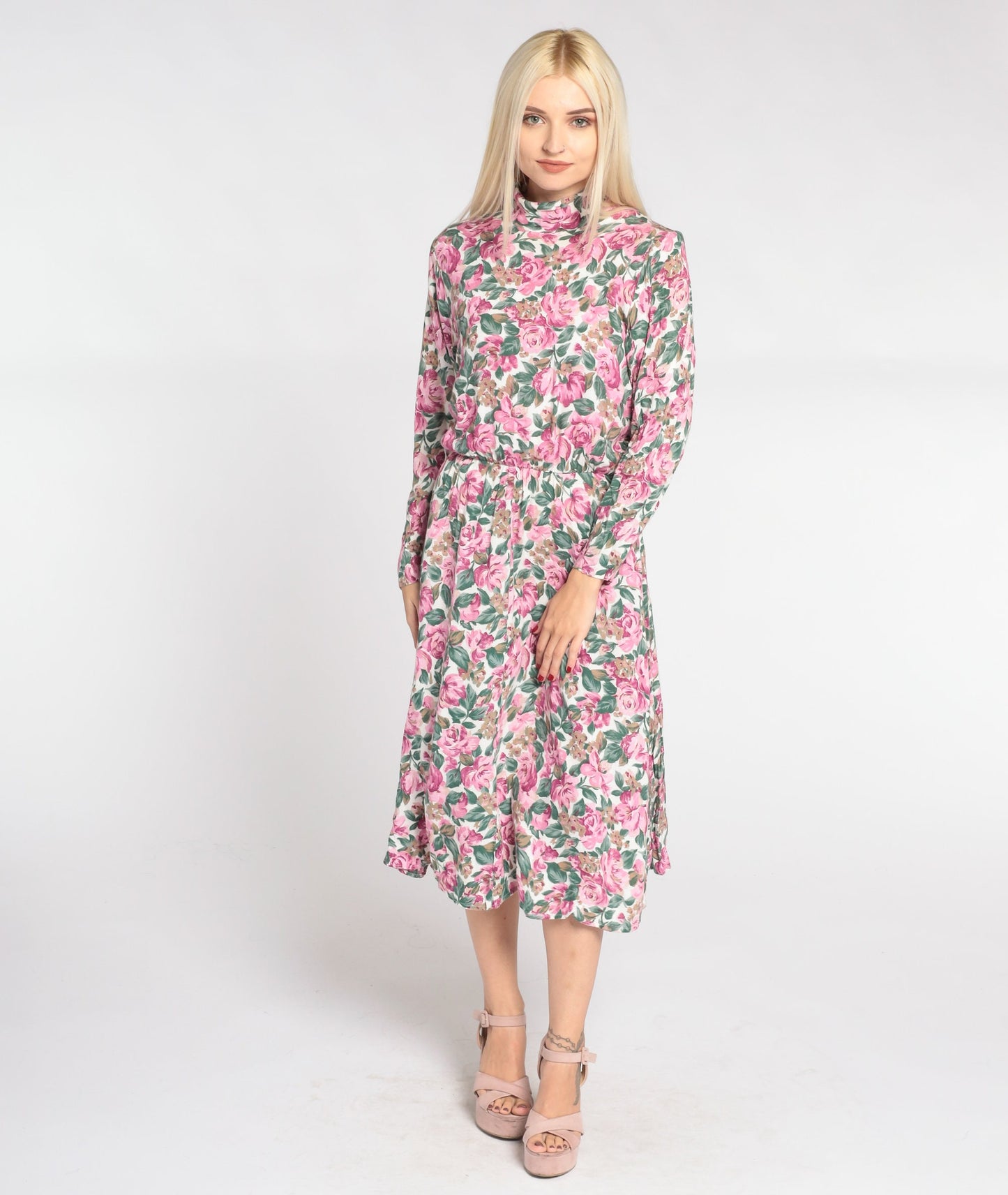 90s Floral Midi Dress White Mock Neck Long Sleeve High Waist Medium 8