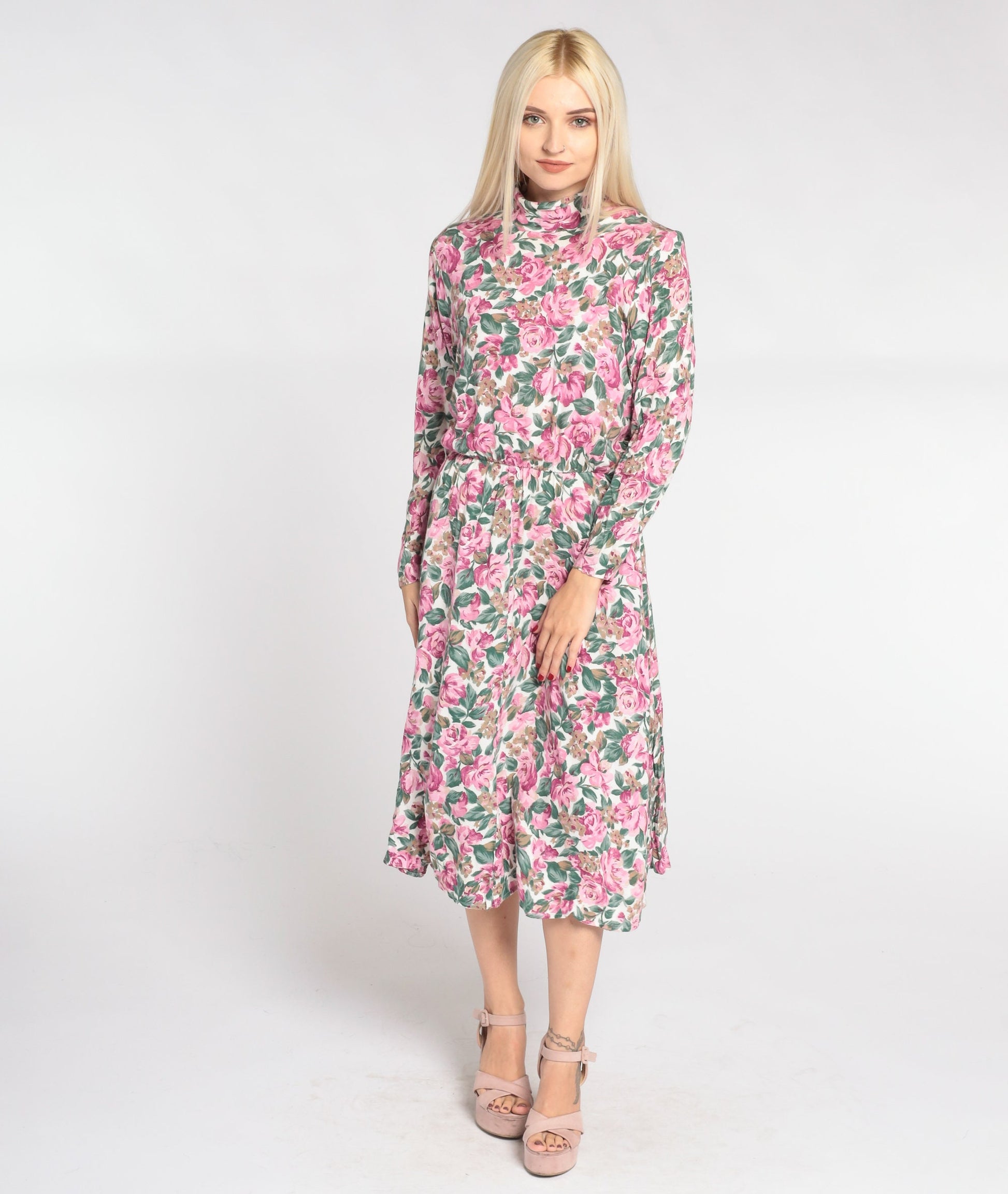 90s Floral Midi Dress White Mock Neck Long Sleeve High Waist Medium 8