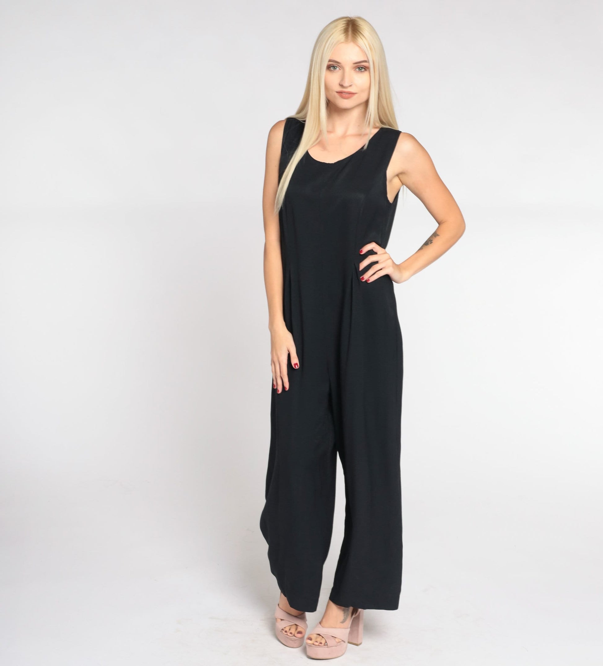 90s Black Jumpsuit Sleeveless Scoop Neck Wide Leg Pantsuit Medium