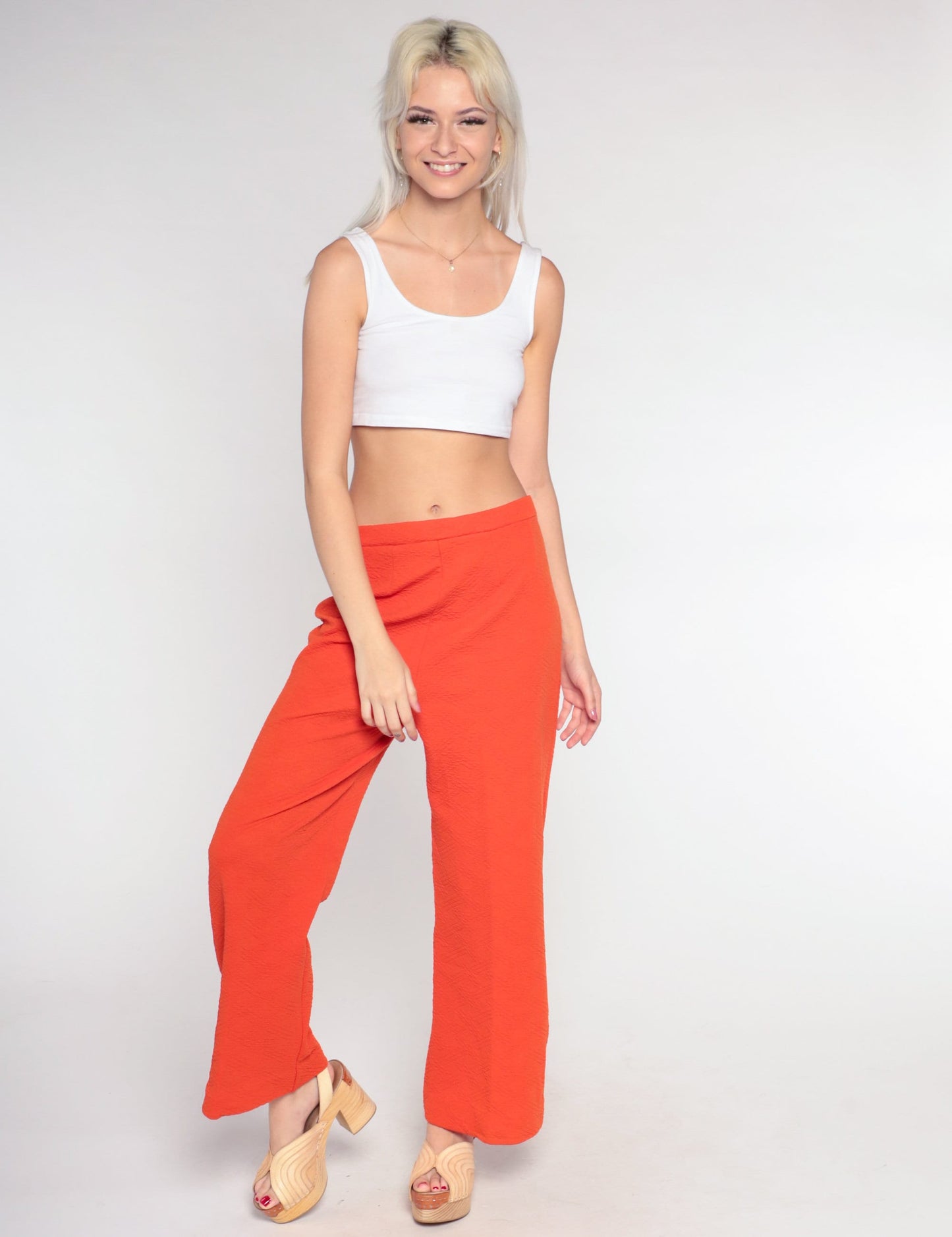 70s Orange Polyester Bell Bottom Trousers High Waist Flared Small