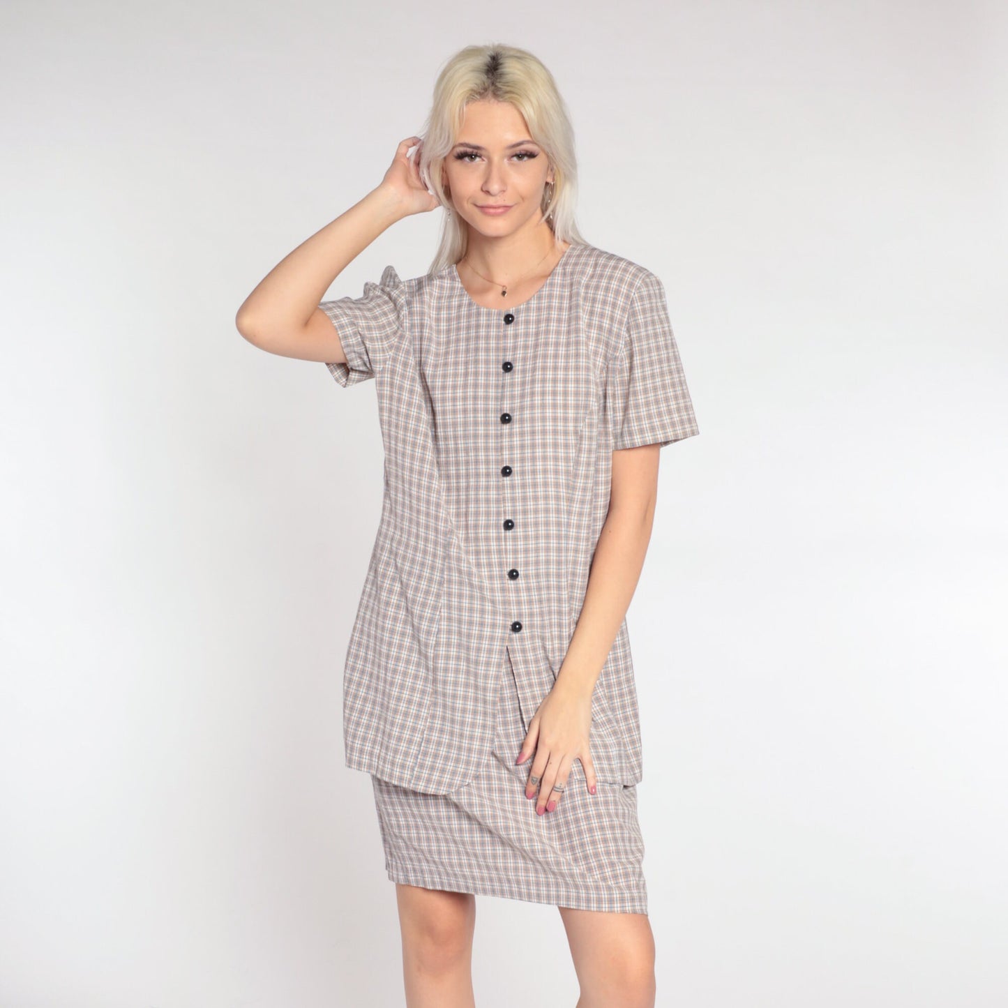 90s Plaid Mini Dress White Tan Checkered Button-Up Shift Short Sleeve Large