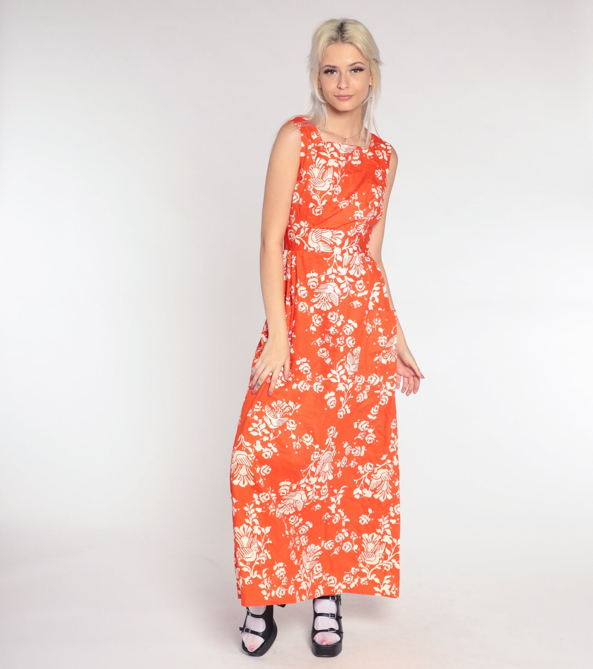 70s Orange Bird Floral Maxi Dress High Waist Cotton Vintage Extra Small