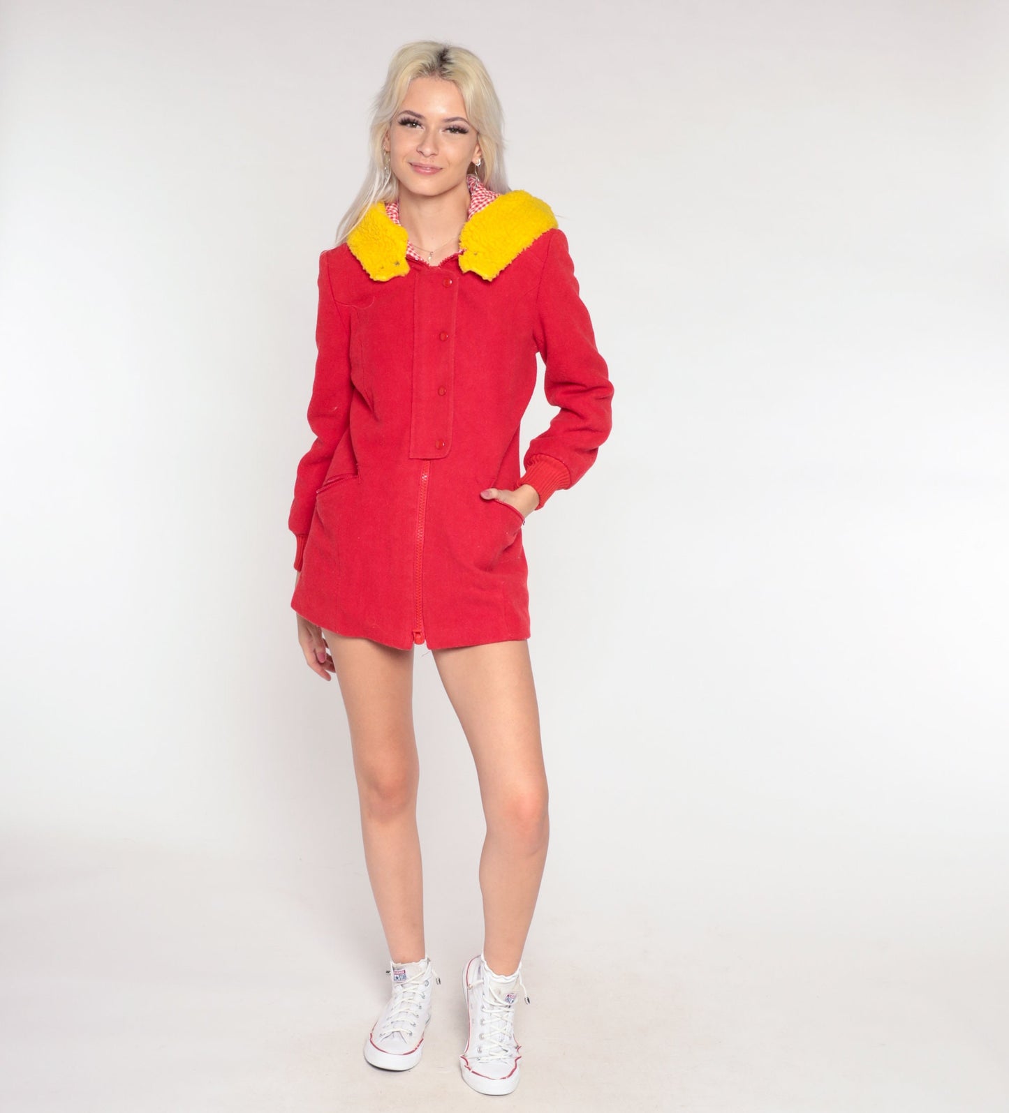 70s 80s Red Wool Blend Hooded Winter Coat Yellow Sherpa Trim Extra Small XS