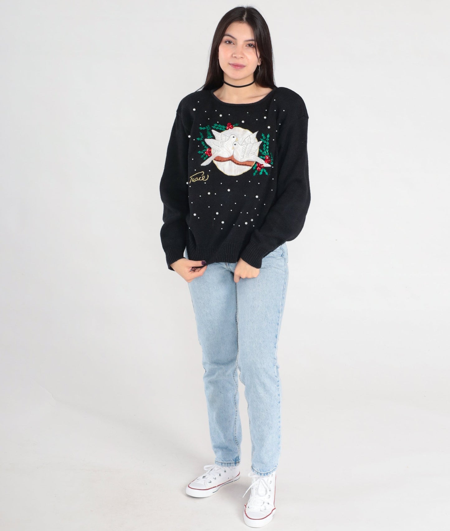 Y2K Christmas Dove Sweater Black Beaded Peace Pullover Large L