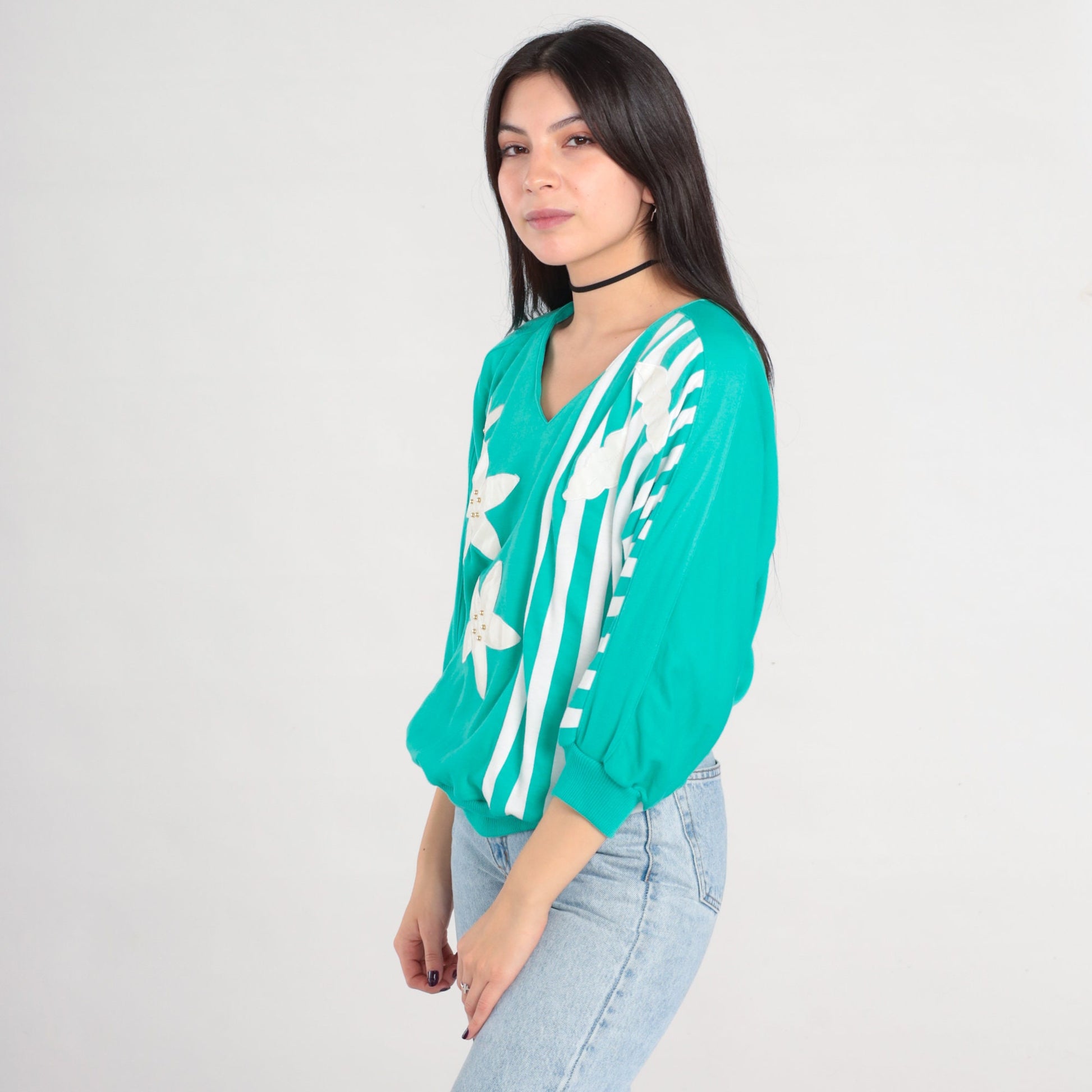 80s Green Floral Studded Striped Blouse V-Neck 3/4 Sleeve Medium