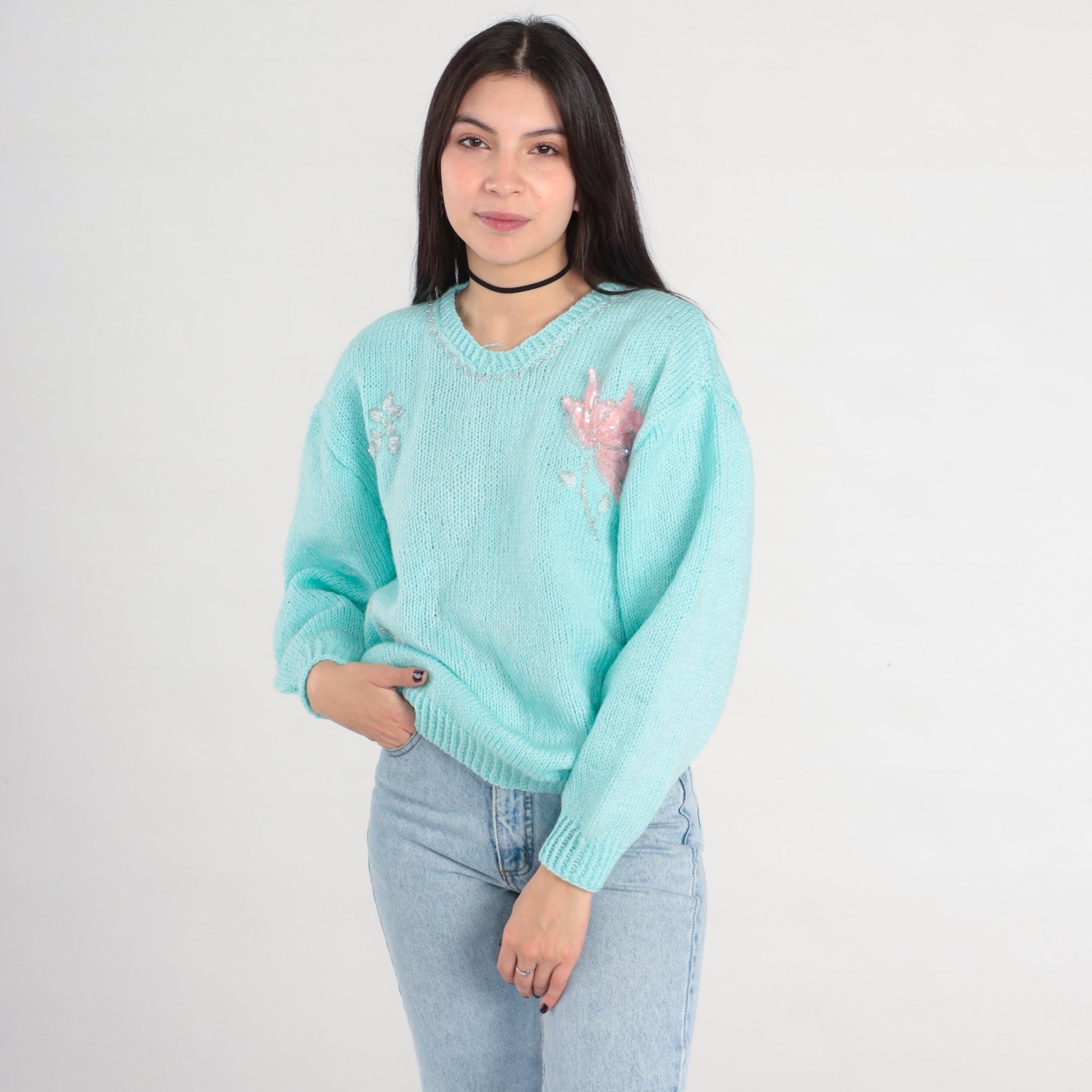 80s Mint Blue Floral Beaded Sequin Knit Sweater Pullover Medium