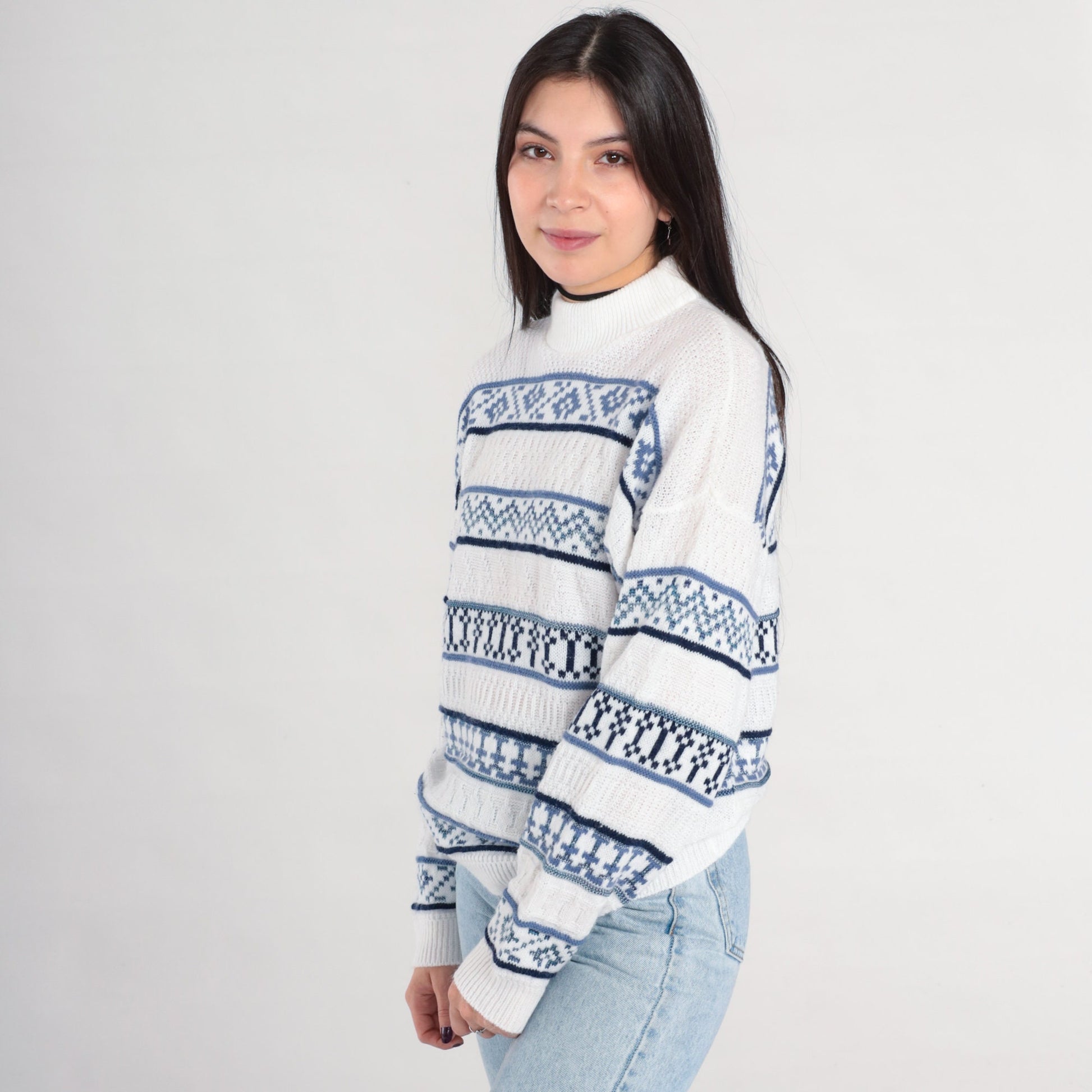 90s Striped Mock Neck Sweater White Blue Knit Pullover Medium M
