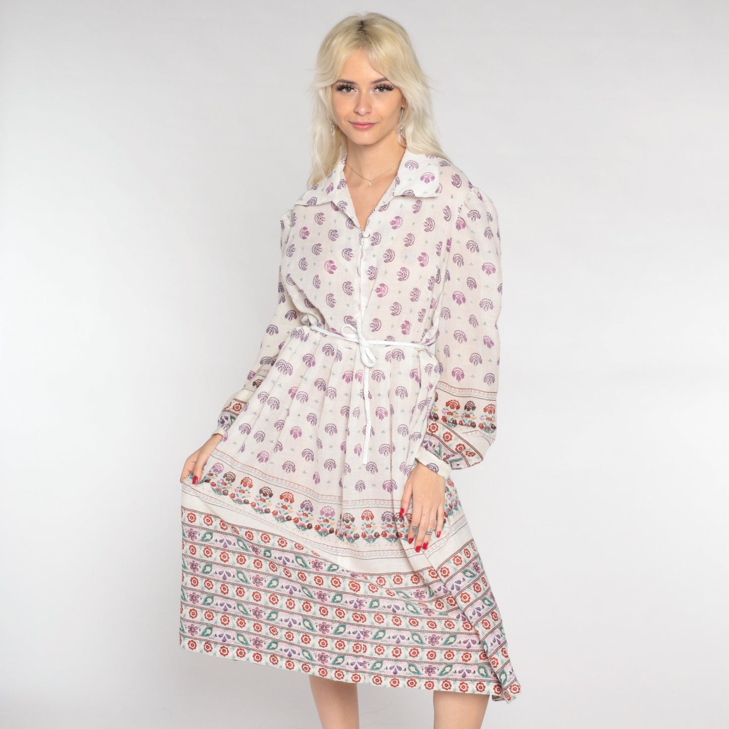 70s White Floral Midi Shirtdress Drawstring Waist Balloon Sleeve Collared Extra Large