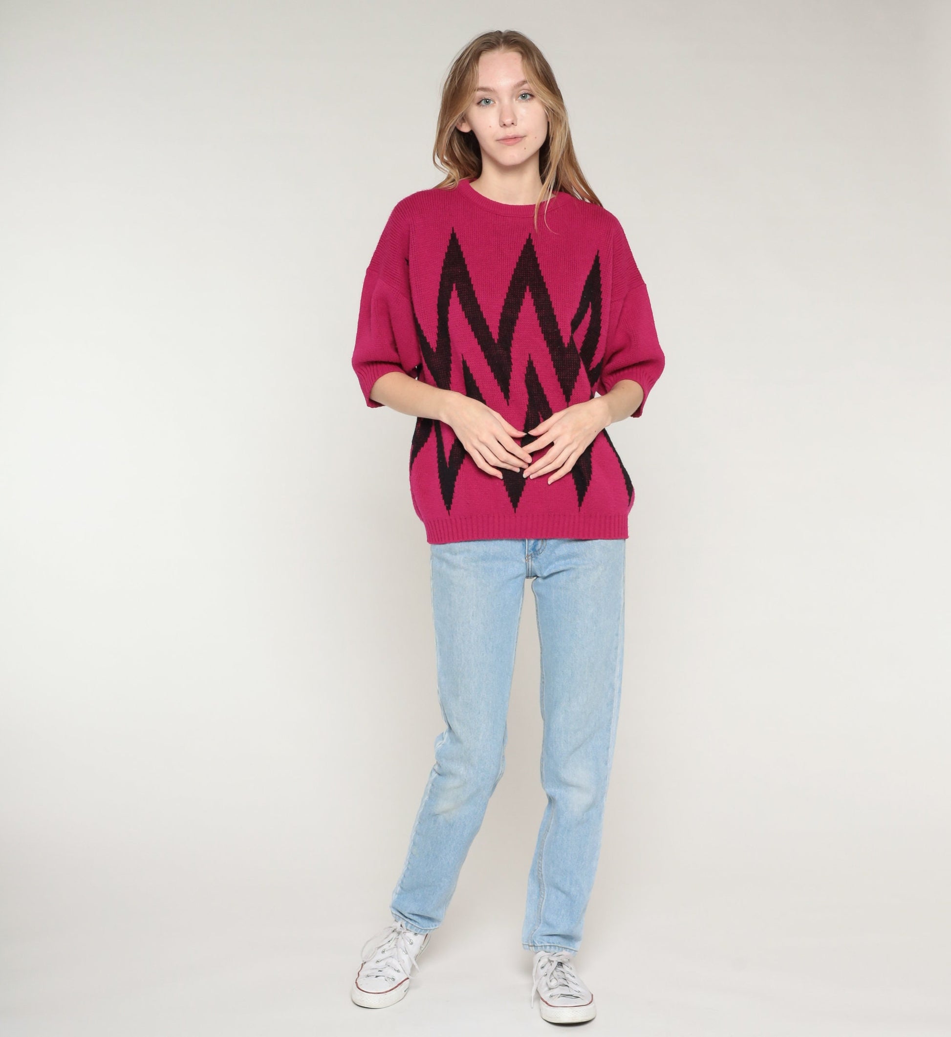 90s Magenta Striped Knit Sweater Short Sleeve Black Chevron Large L