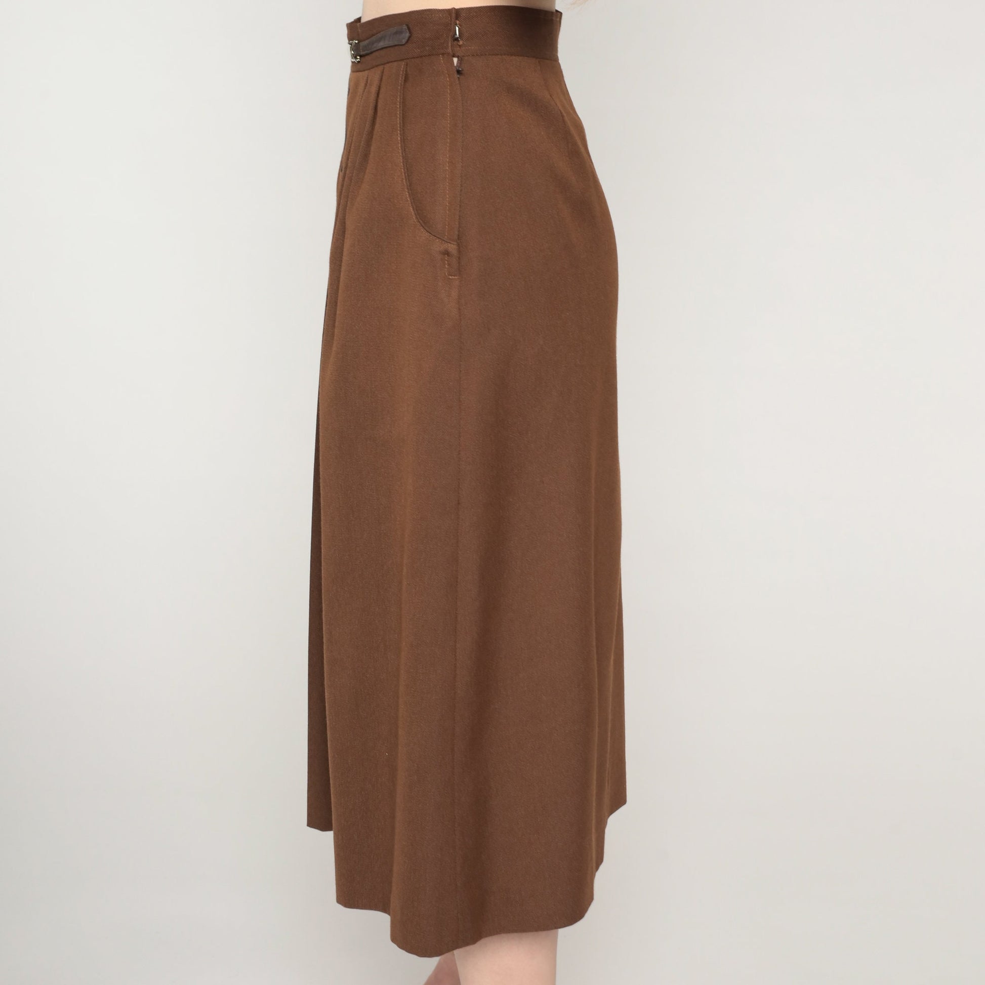 80s Brown Wool Blend Midi Skirt High Waist Pleated Side Zip Extra Small
