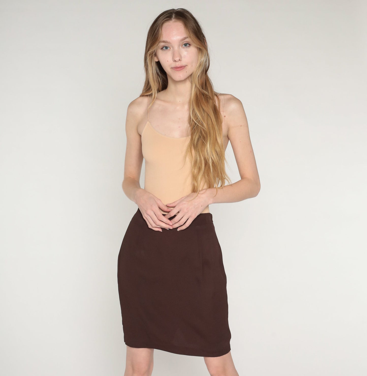 90s Brown Pencil Mini Skirt High Waist Fitted Zipper Medium M