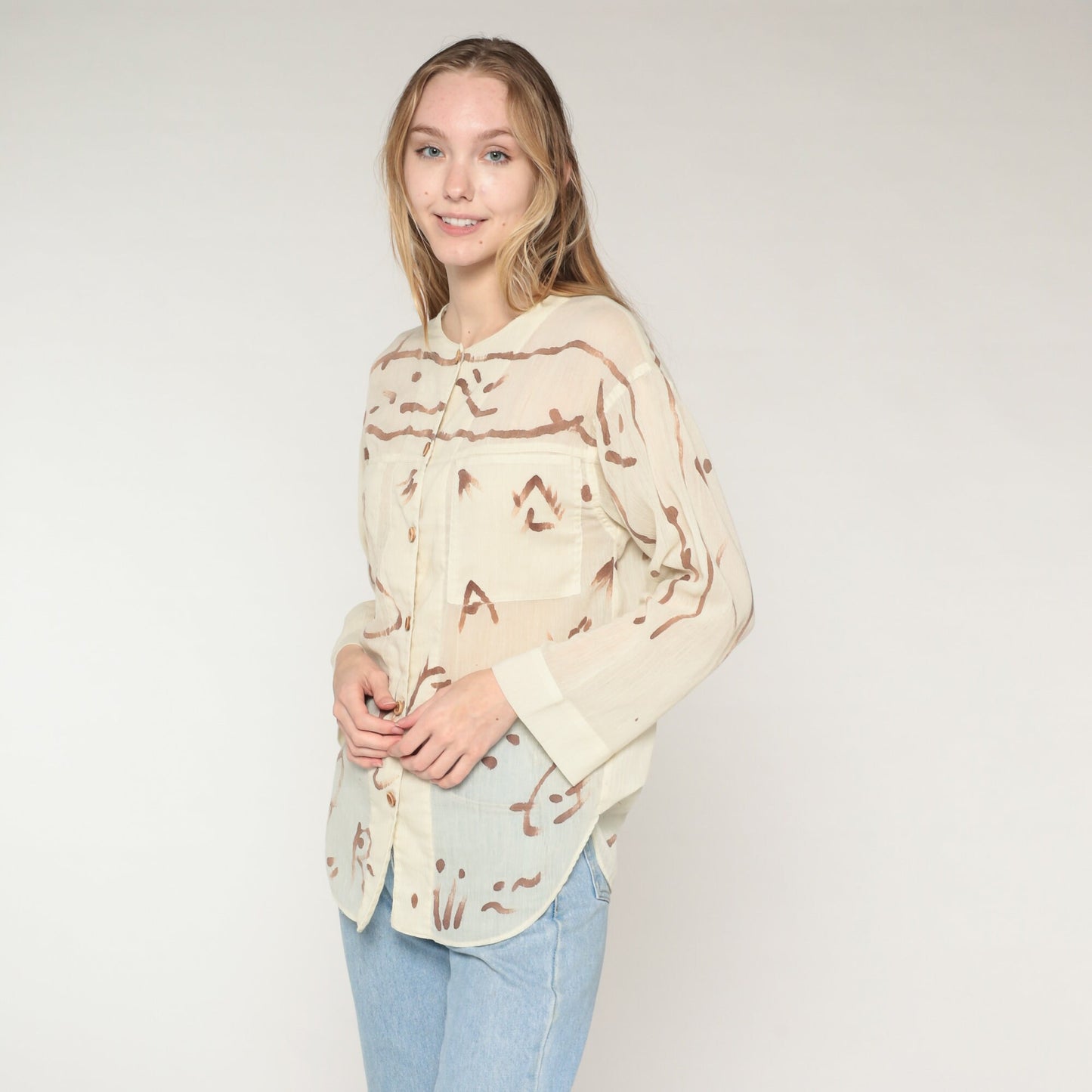 80s Abstract Brushstroke Button-Up Blouse Cream Brown Semi-Sheer Long Sleeve Small