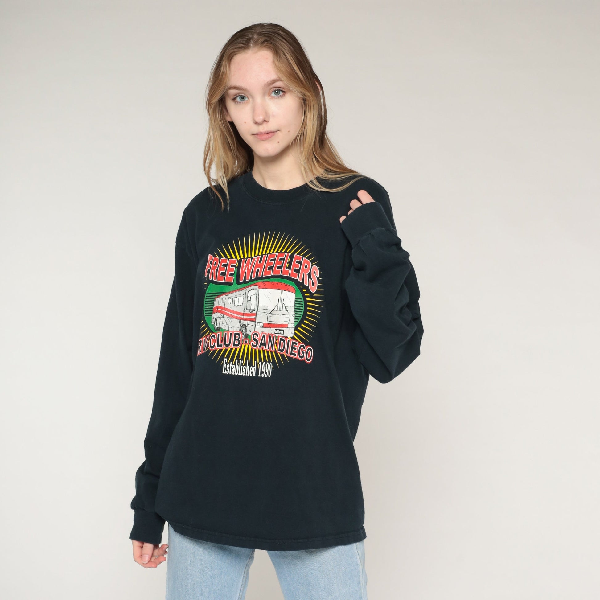 90s Freewheelers RV Club San Diego Long Sleeve Graphic Tee Black Large L