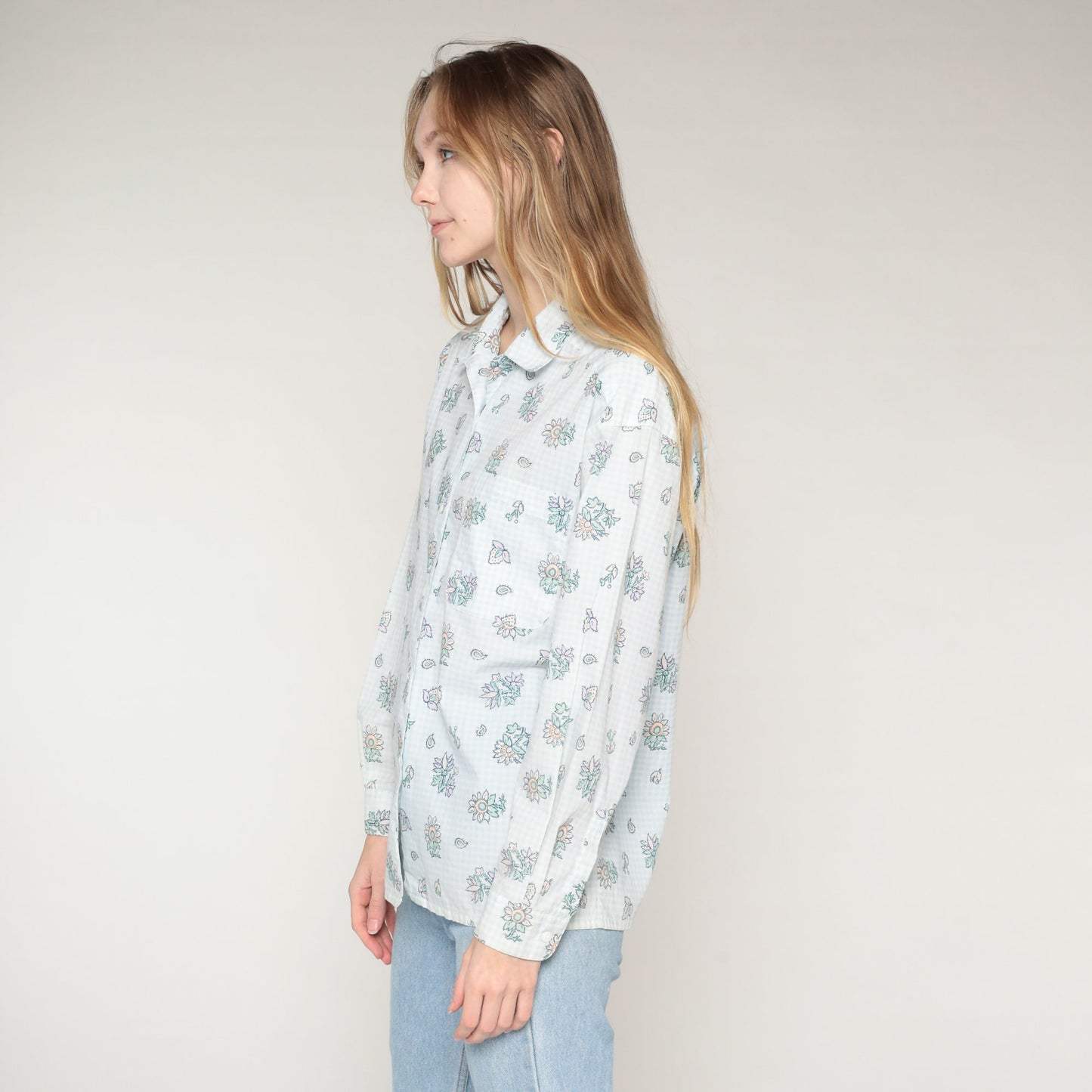80s Levi Travellers Checkered Floral Button-Up Blouse Light Blue White Medium