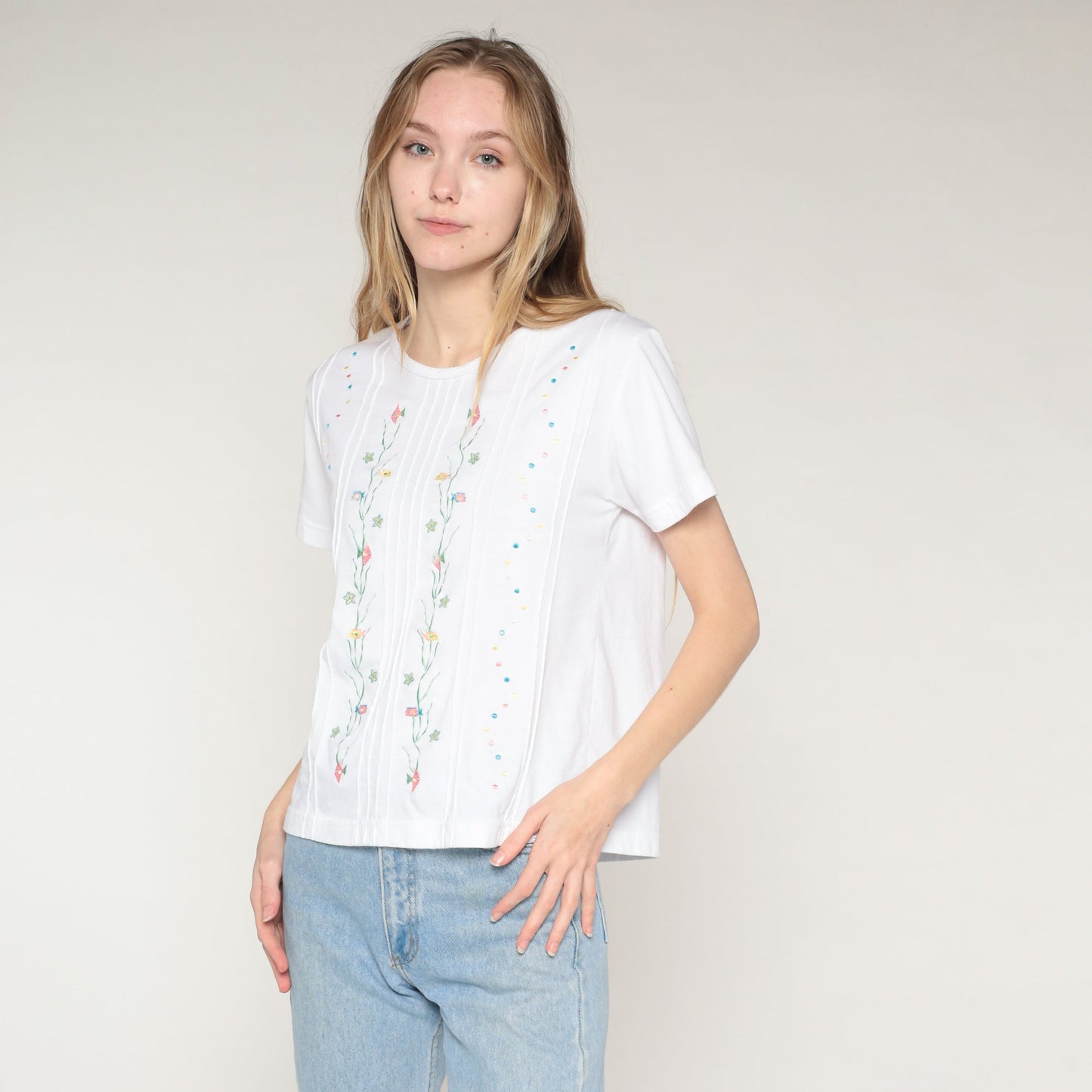 90s Shenanigans White Embroidered Fish Blouse Tropical Starfish Medium