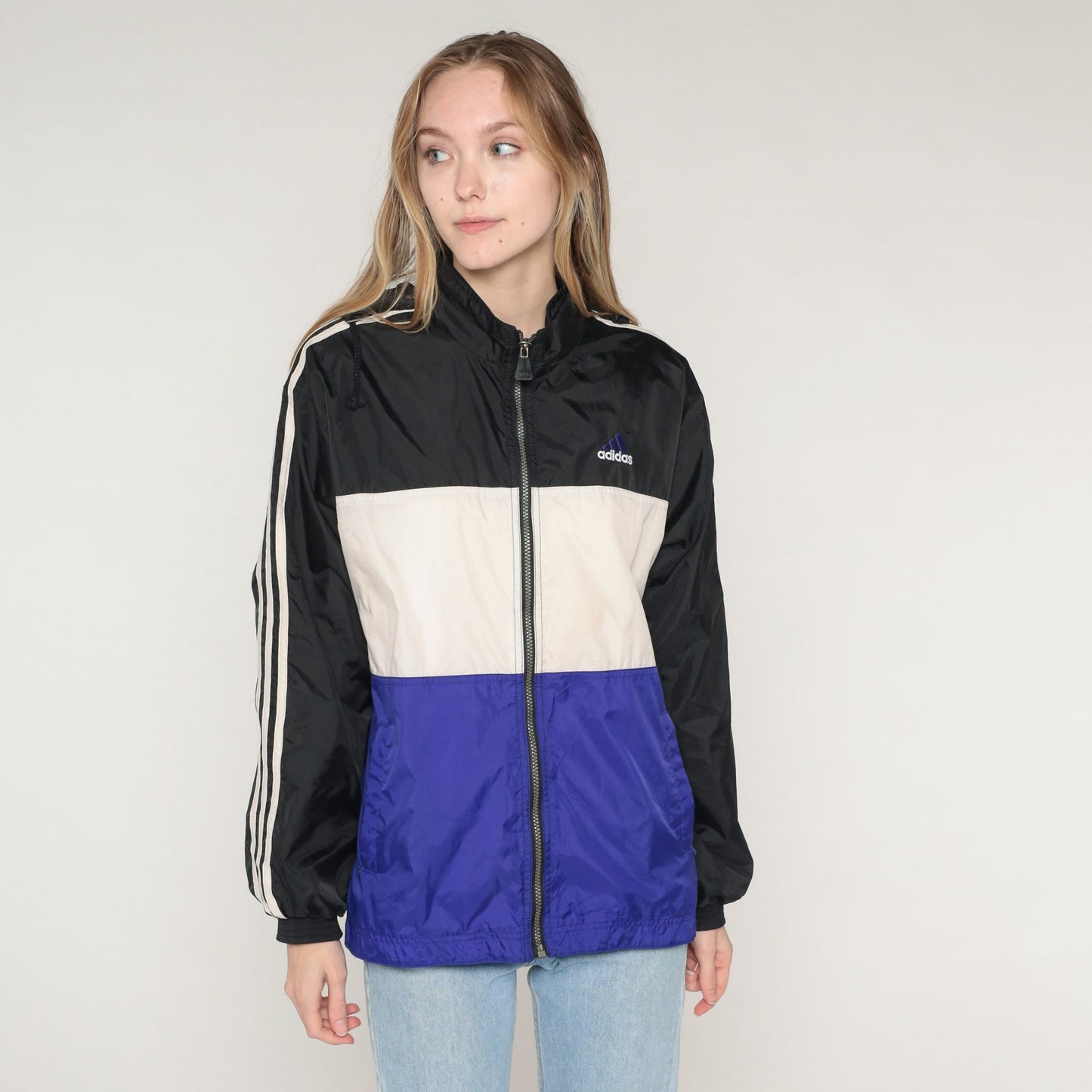 Y2K Adidas Windbreaker Jacket Black White Purple Striped Colour Block 2XL
