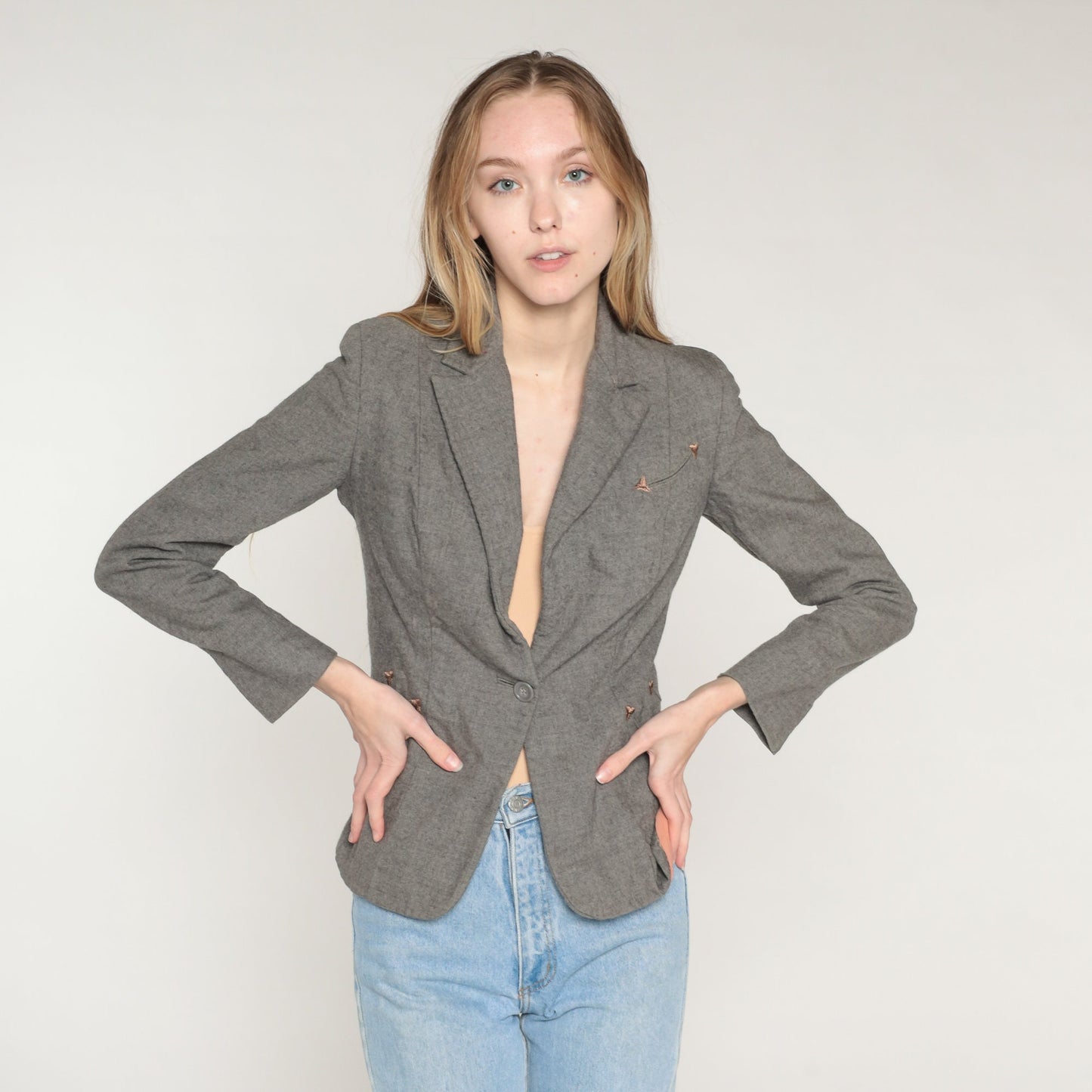 60s Grey Wool Blazer Single Button Jacket Embroidered Pockets Extra Small