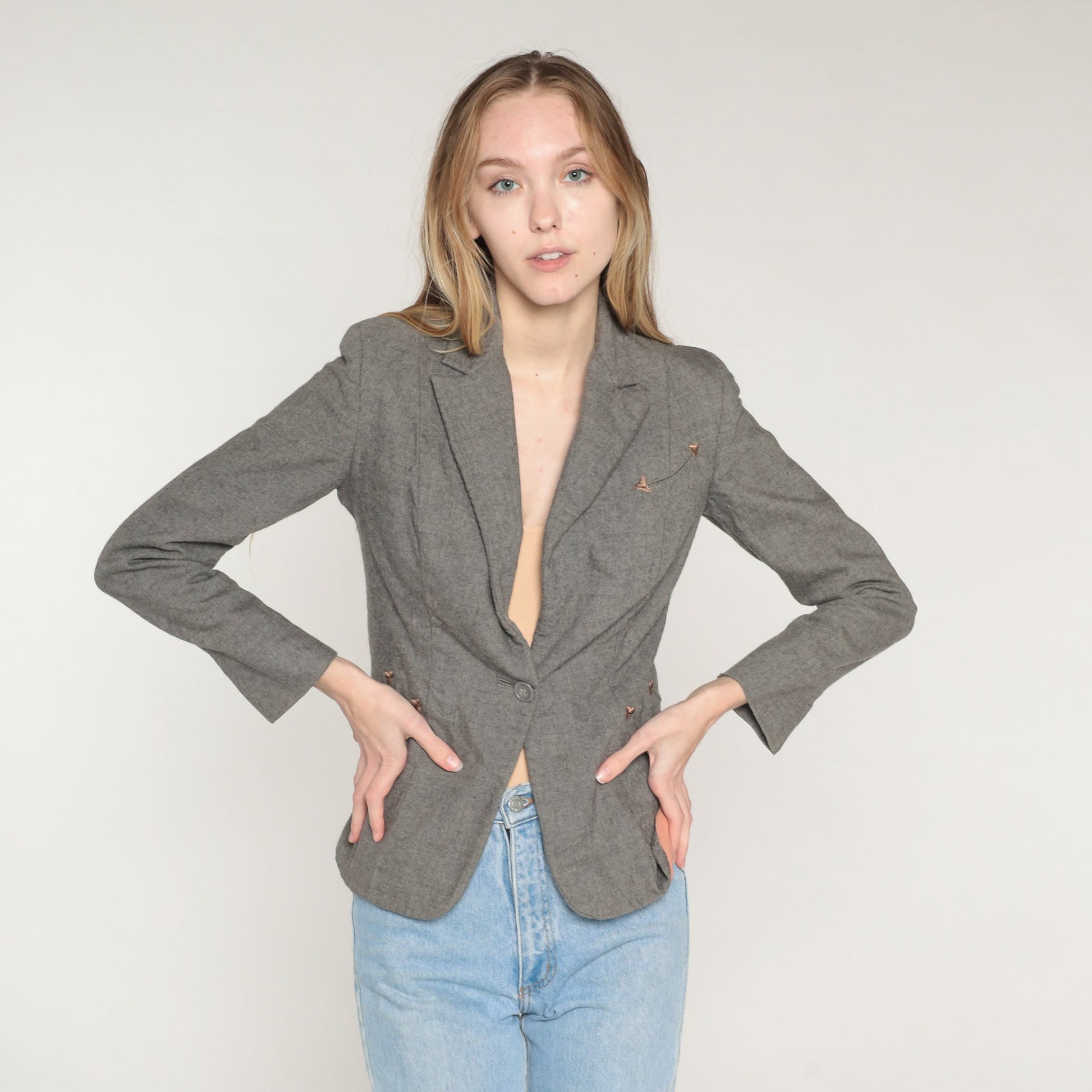 60s Grey Wool Blazer Single Button Jacket Embroidered Pockets Extra Small