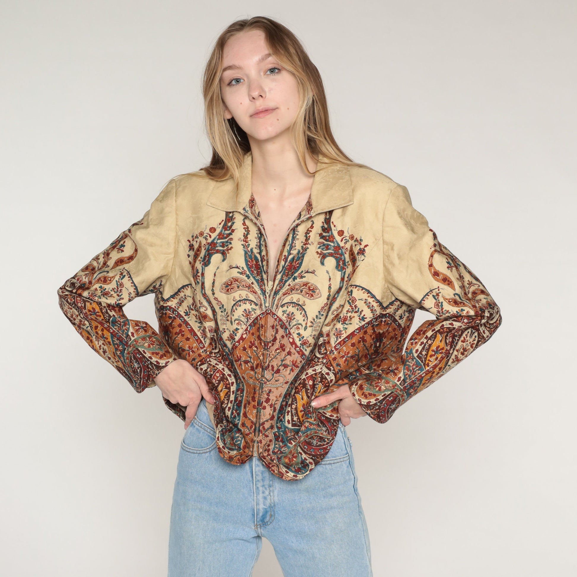 Y2K Coldwater Creek Floral Embossed Jacket Tan Indian Print Zip-Up Extra Large XXL