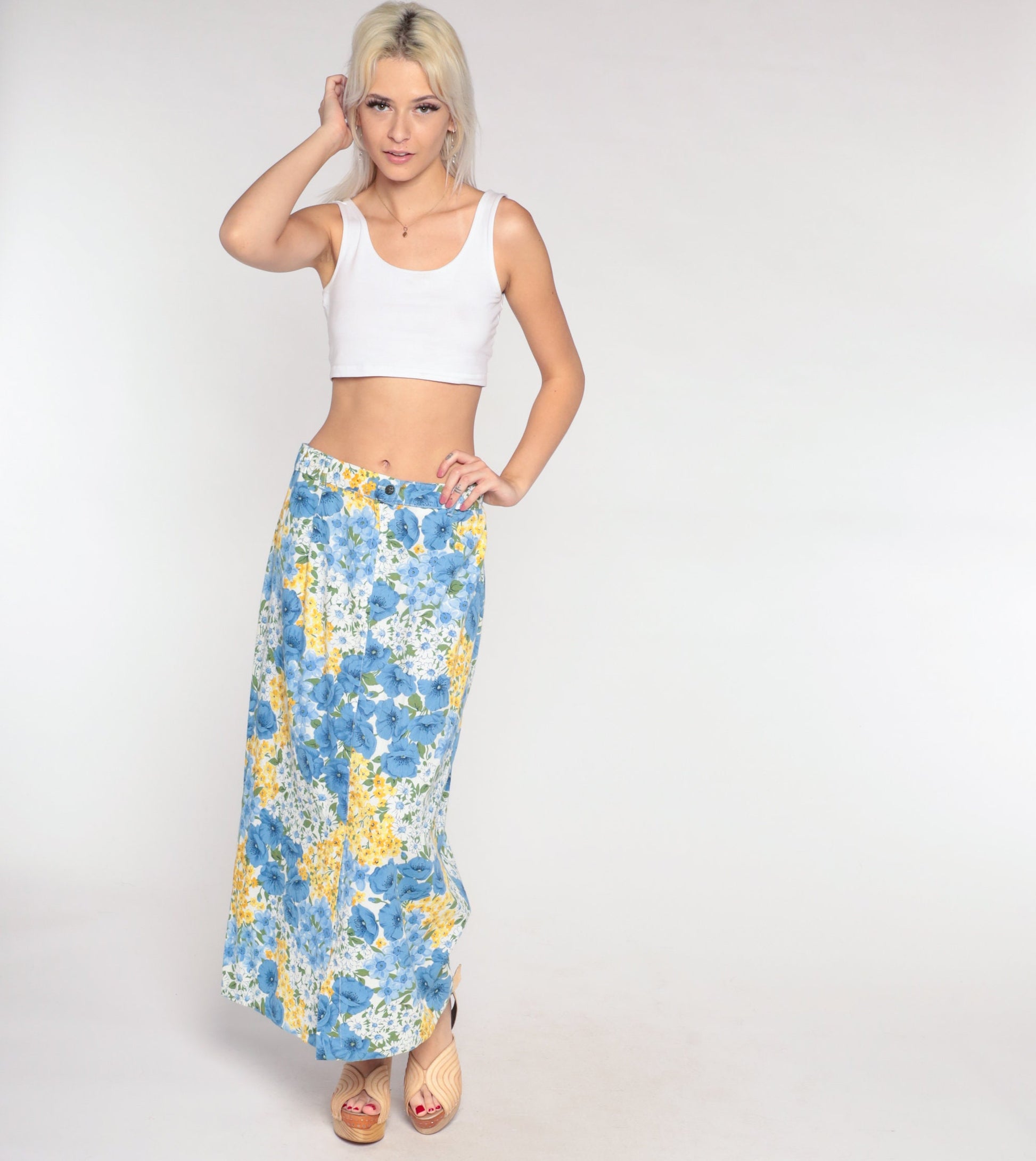 90s Blue Floral Wrap Maxi Skirt Cotton Flower Print Medium Large