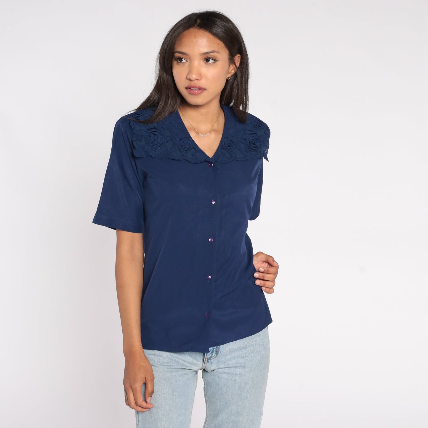 90s Navy Floral Embroidered Collared Blouse Short Sleeve Button Up Small
