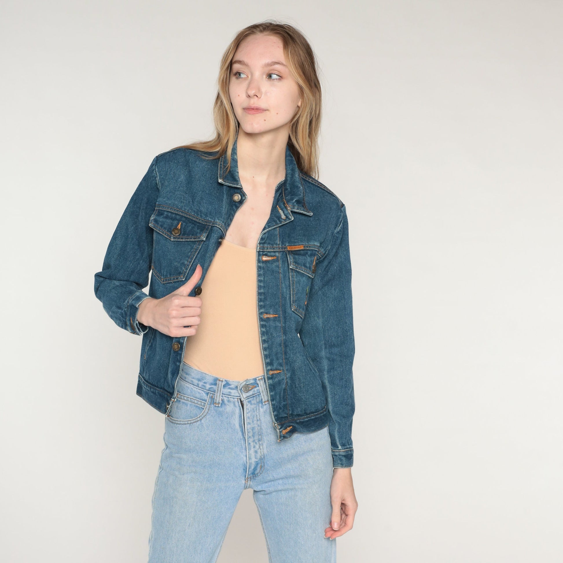 80s Blue Denim Jacket Embroidered Onion Chest Graphic Extra Small