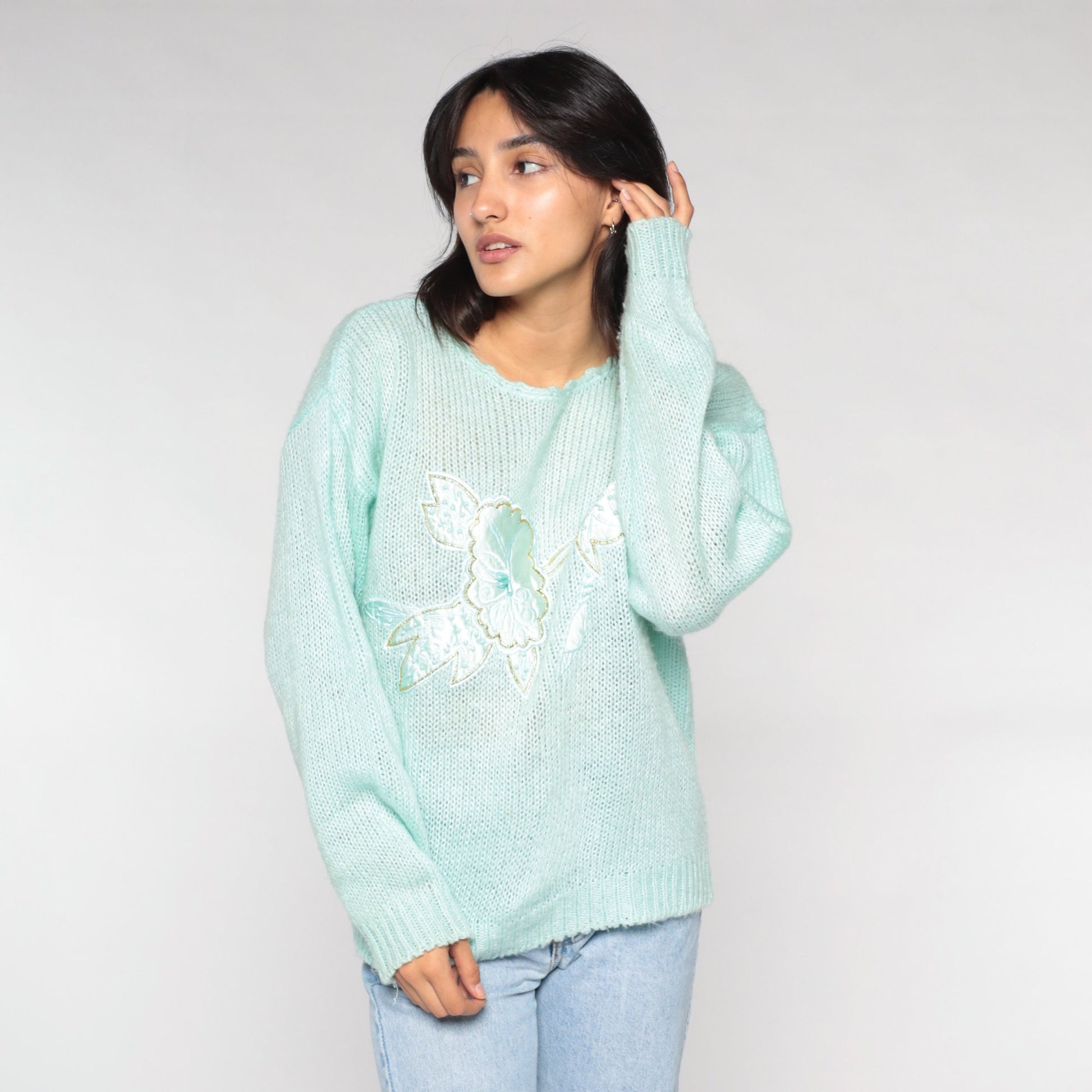 90s Mint Green Floral Appliqué Knit Sweater Pullover Medium M