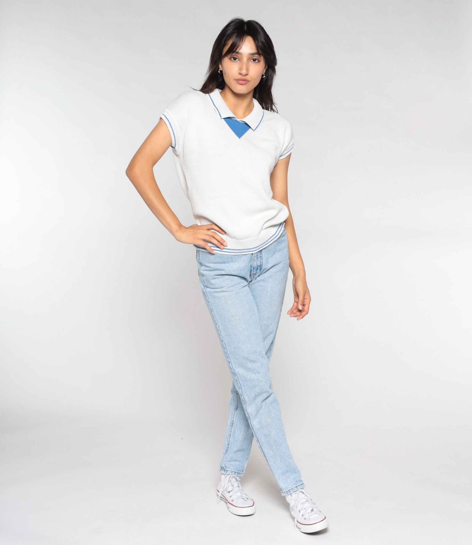 90s White Knit Polo Cap Sleeve Collared Sweater Top Blue Trim Small S