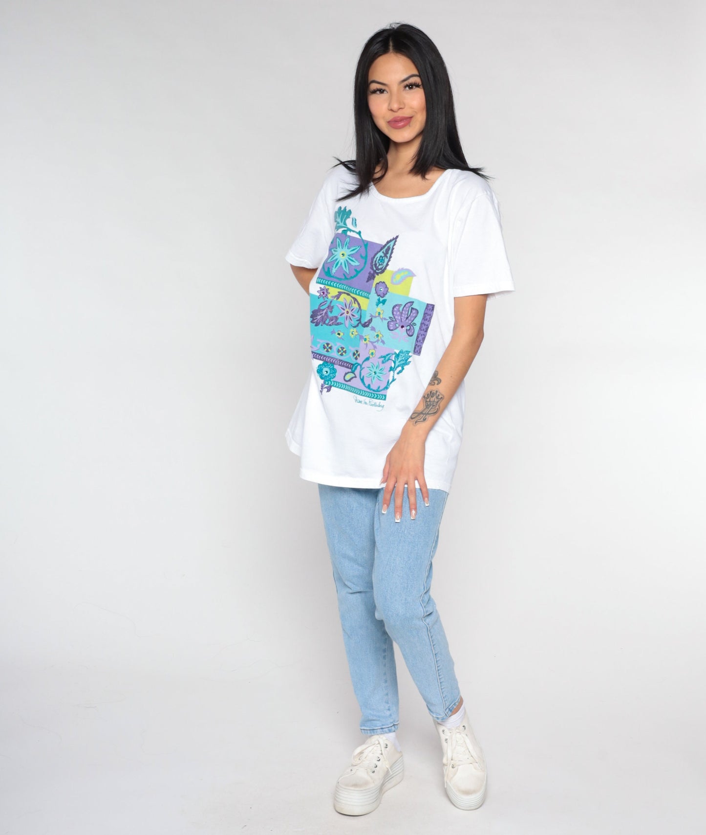 Diane Von Furstenberg Y2K Floral Glitter T-Shirt White Blue Green Purple Extra Large XL