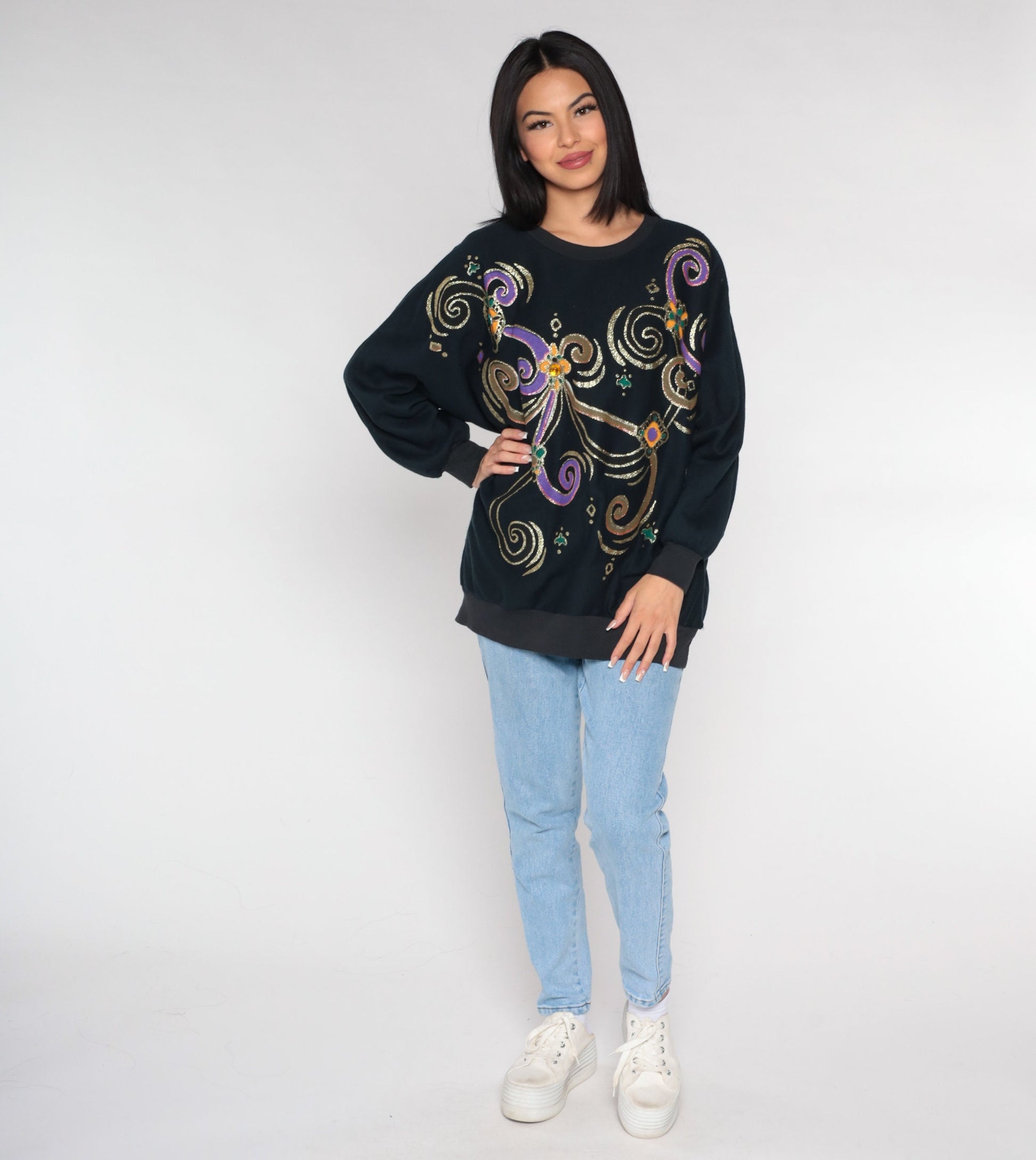 90s Black Sweatshirt Glitter Swirl Rhinestone Print Novelty Sweater Extra Large XXL