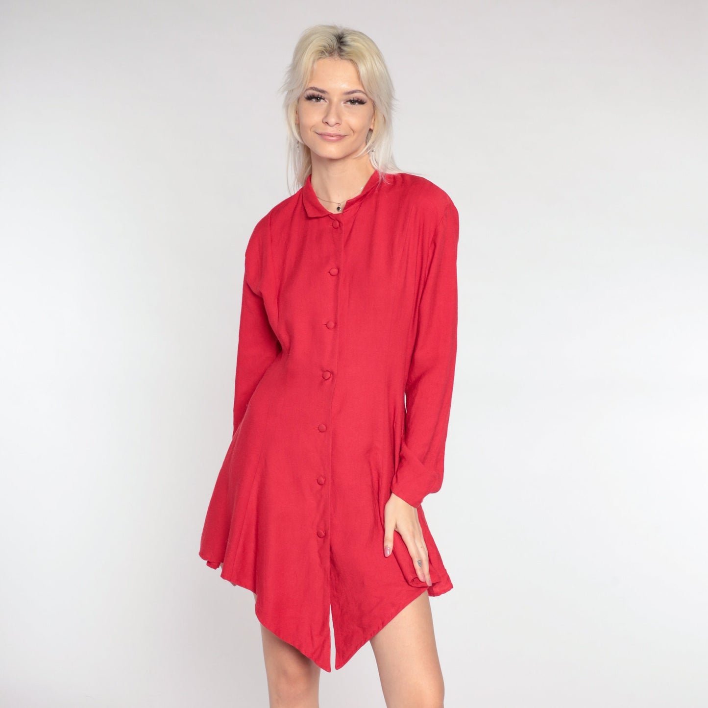 80s Red Rayon Twill Button-Up Mini Dress High-Low Hem Long Sleeve Medium