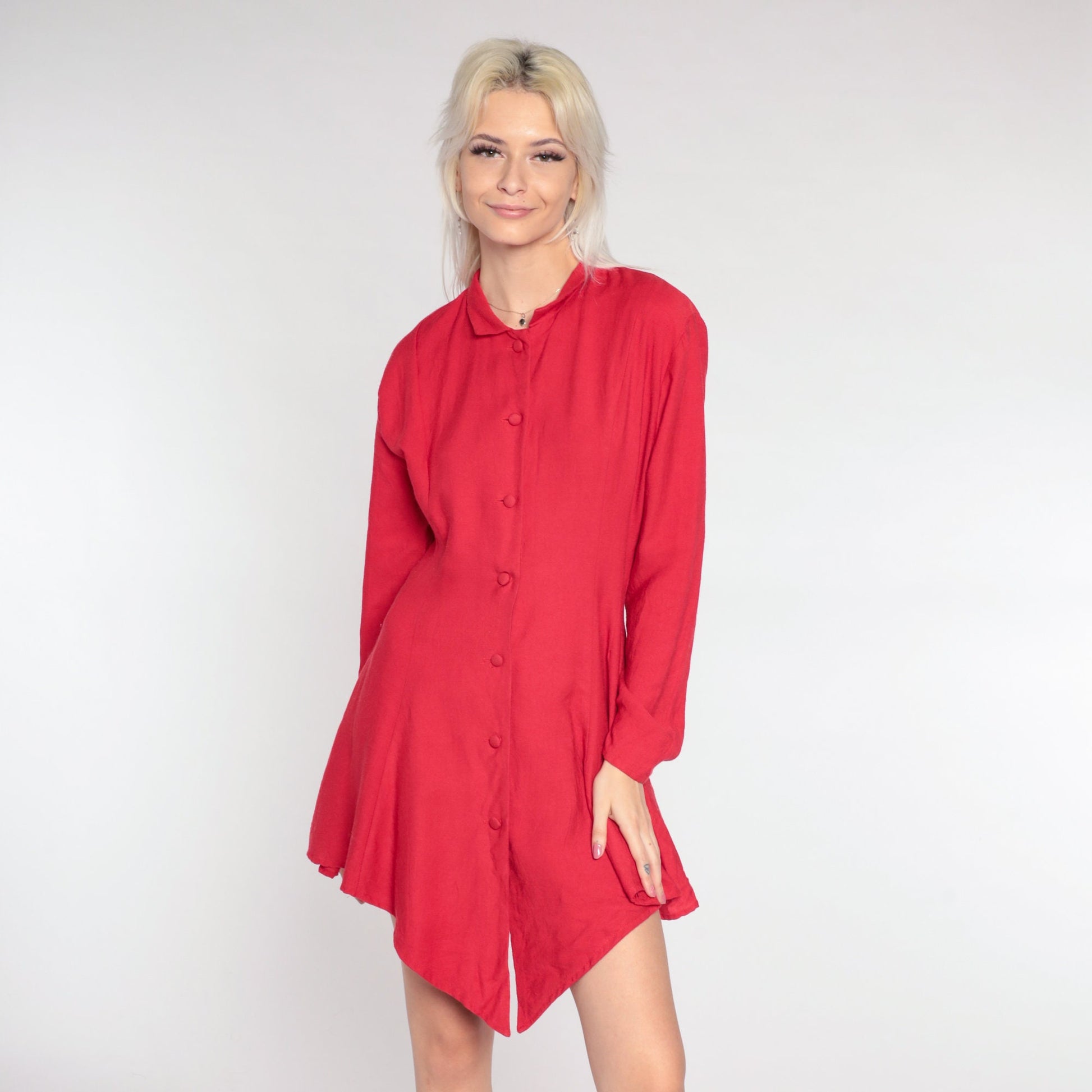80s Red Rayon Twill Button-Up Mini Dress High-Low Hem Long Sleeve Medium