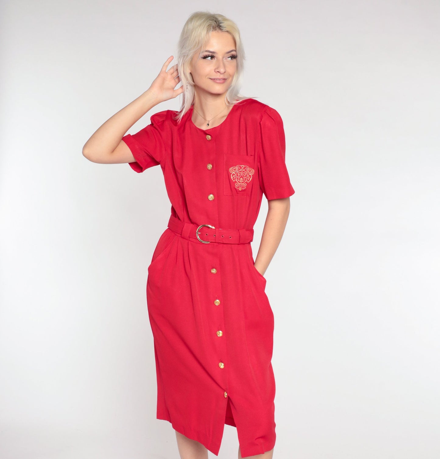 90s Red Midi Shirtdress Gold Crest Pocket Puff Sleeve Button Up Small