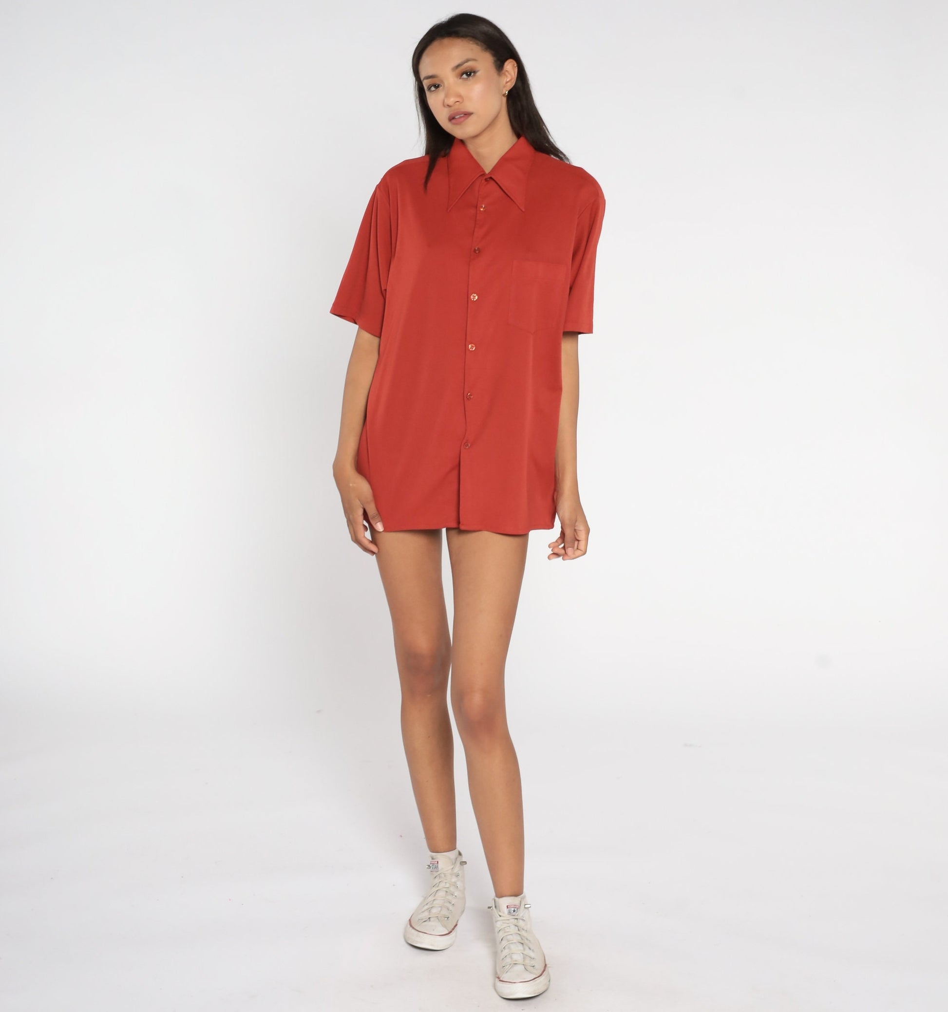 70s Dagger Collar Button-Up Shirt Rust Orange Short Sleeve Men's 16.5