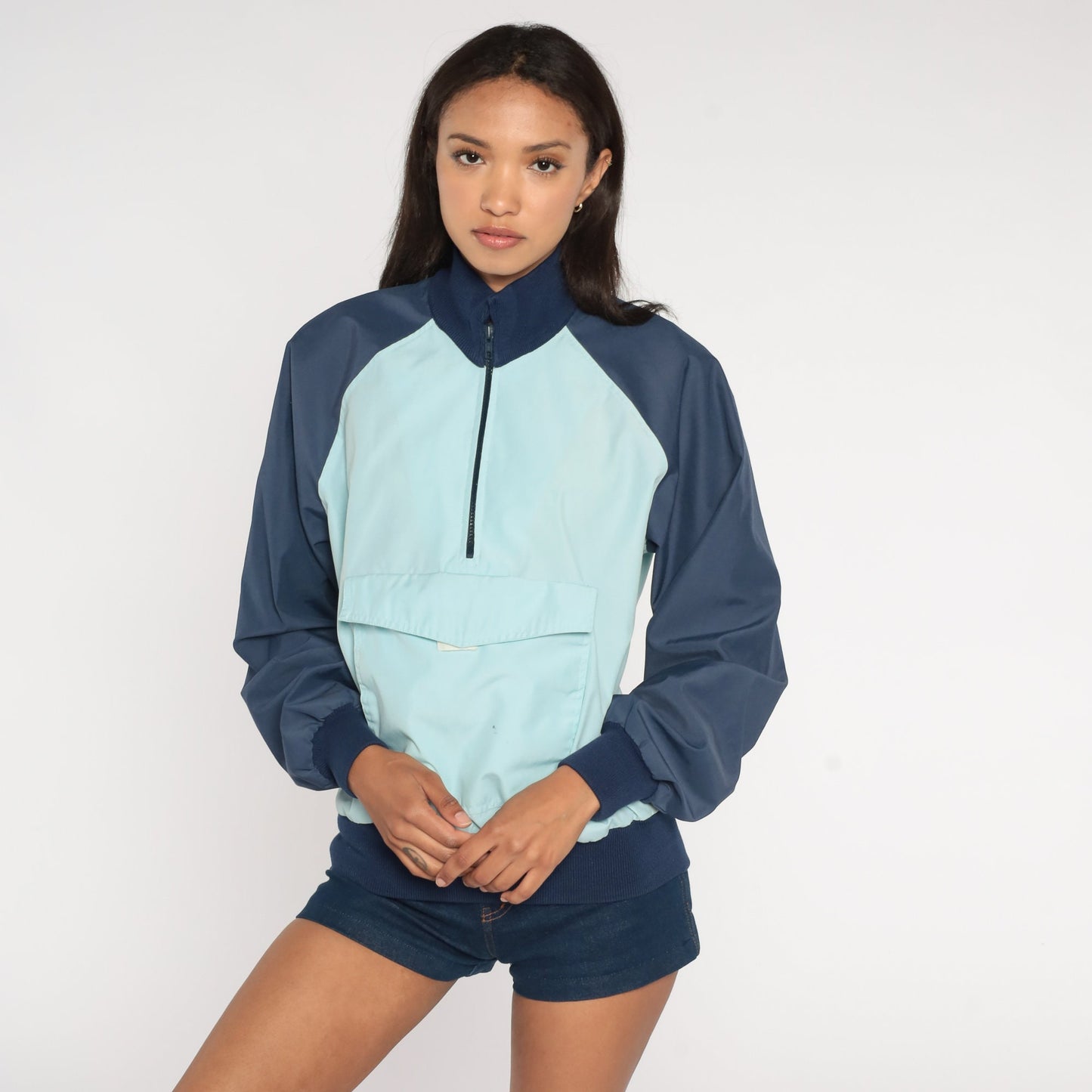 80s Baby Blue Navy Colour Block Half Zip Pullover Jacket Medium