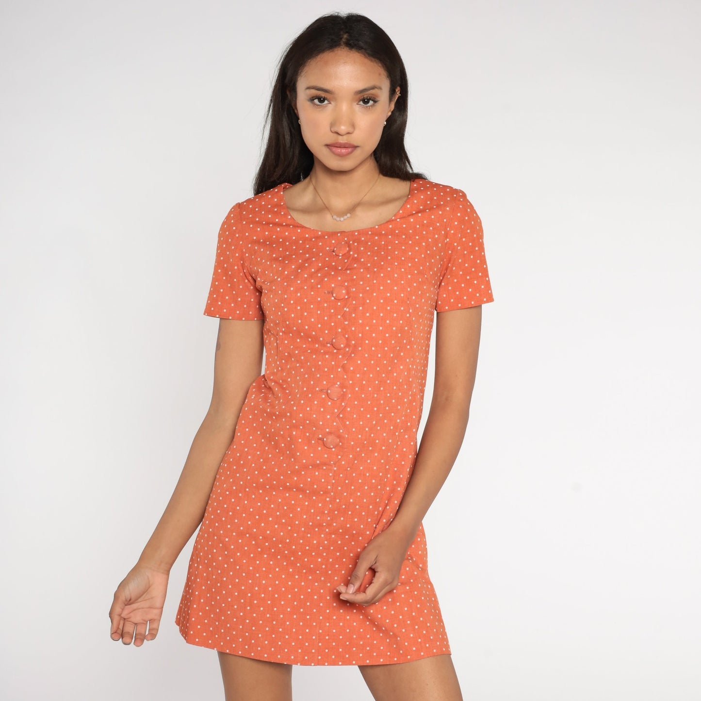 60s Orange Polka Dot Shift Dress Mini Button-Up Short Sleeve Extra Small
