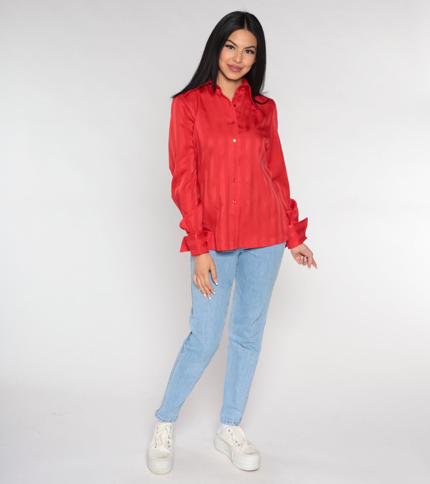 70s Red Striped Button-Up Blouse Dagger Collar Long Sleeve Medium