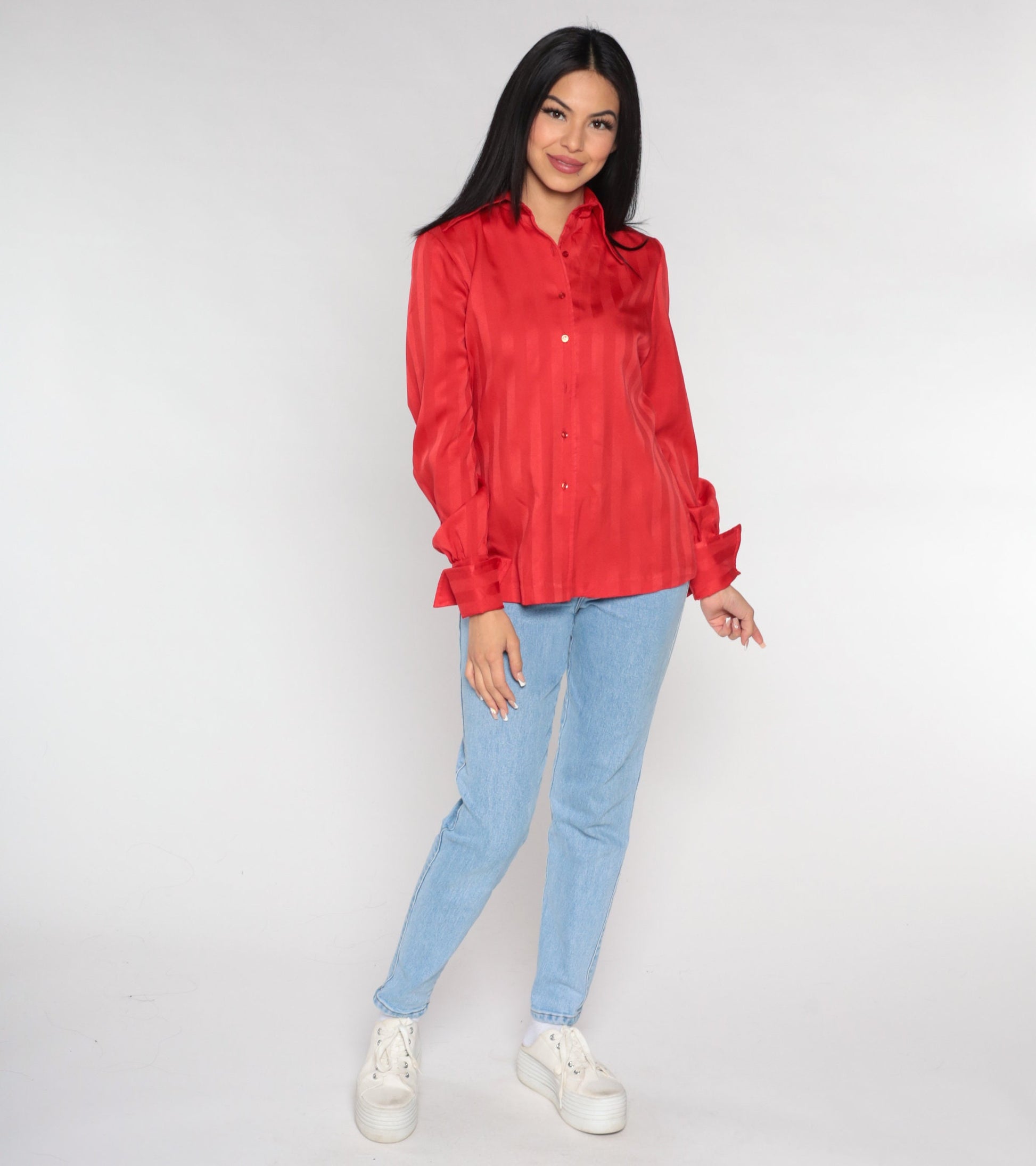 70s Red Striped Button-Up Blouse Dagger Collar Long Sleeve Medium